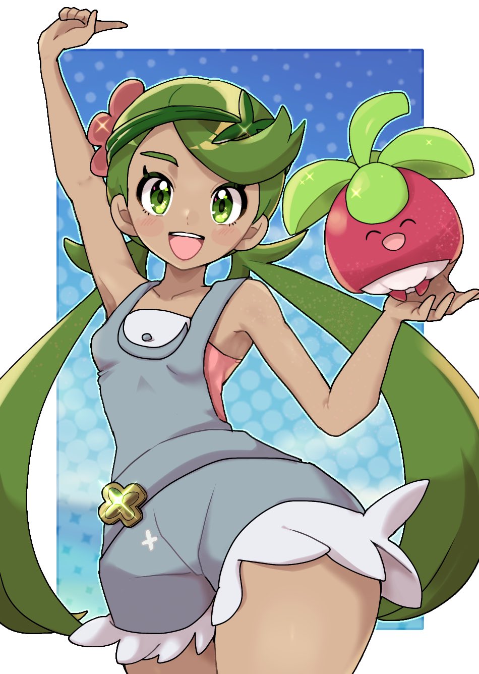 1girl :d arm_up bangs blush border bounsweet breasts collarbone cowboy_shot dark-skinned_female dark_skin eyelashes flower fu_(tk1189227dhy) green_eyes green_hair green_headband grey_overalls hand_up happy headband highres holding holding_pokemon long_hair looking_at_viewer mallow_(pokemon) open_mouth outside_border overall_shorts overalls pink_flower pink_shirt pokemon pokemon_(creature) pokemon_(game) pokemon_sm shirt smile sparkle swept_bangs symbol-only_commentary teeth tongue twintails upper_teeth white_border wide_hips