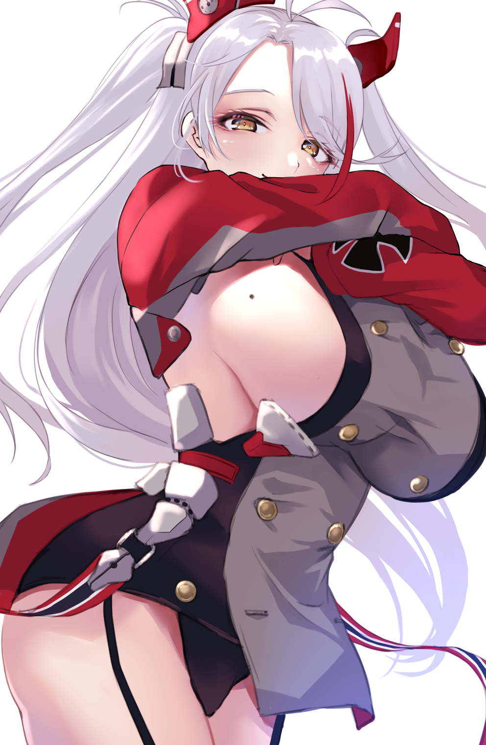 1girl azur_lane bangs breasts buttons double-breasted garter_straps highres large_breasts long_hair long_sleeves looking_at_viewer mole mole_on_breast orange_eyes prinz_eugen_(azur_lane) sideboob solo thighs two_side_up wee_(weeyy) white_background