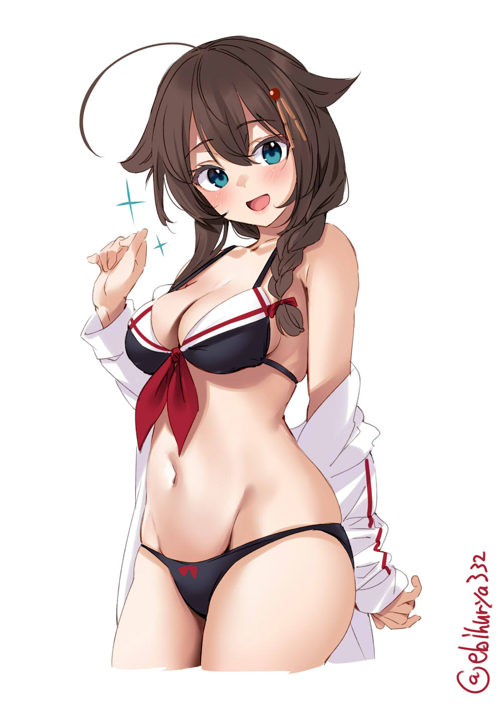 1girl ahoge bangs bare_shoulders bikini blush bow braid breasts brown_hair cowboy_shot cropped_legs ebifurya eyebrows_visible_through_hair groin hair_between_eyes hair_bow hair_flaps hair_ornament hand_up highres kantai_collection long_sleeves looking_at_viewer medium_breasts navel one-hour_drawing_challenge open_mouth red_bow shigure_(kancolle) shigure_kai_ni_(kancolle) simple_background single_braid skindentation sleeves_past_wrists smile solo sparkle strap_gap swimsuit thighs twitter_username white_background