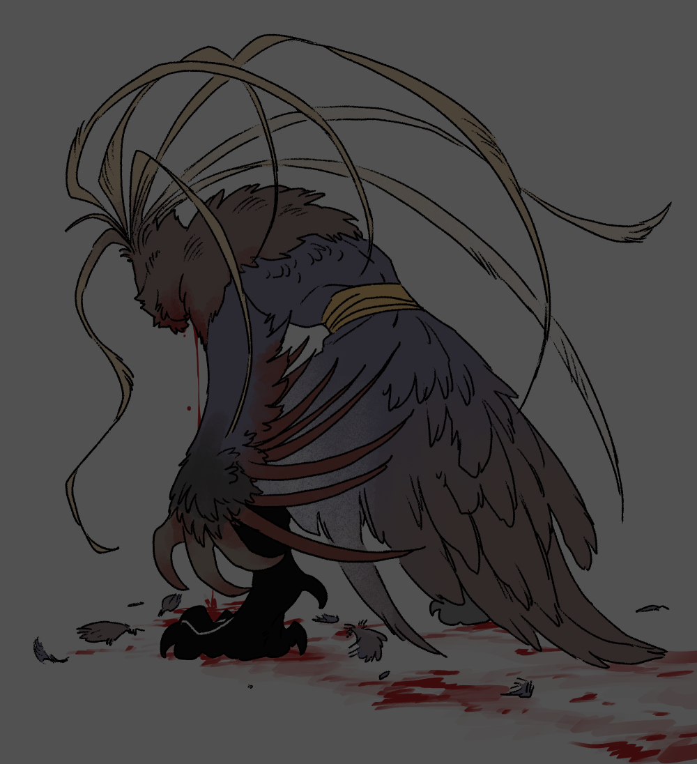 1boy all_fours bleeding blood blood_on_clothes feathers from_behind grey_background kenkon_no_washi male_focus monster_boy sash solo standing suzumori_521 talons winged_arms wings