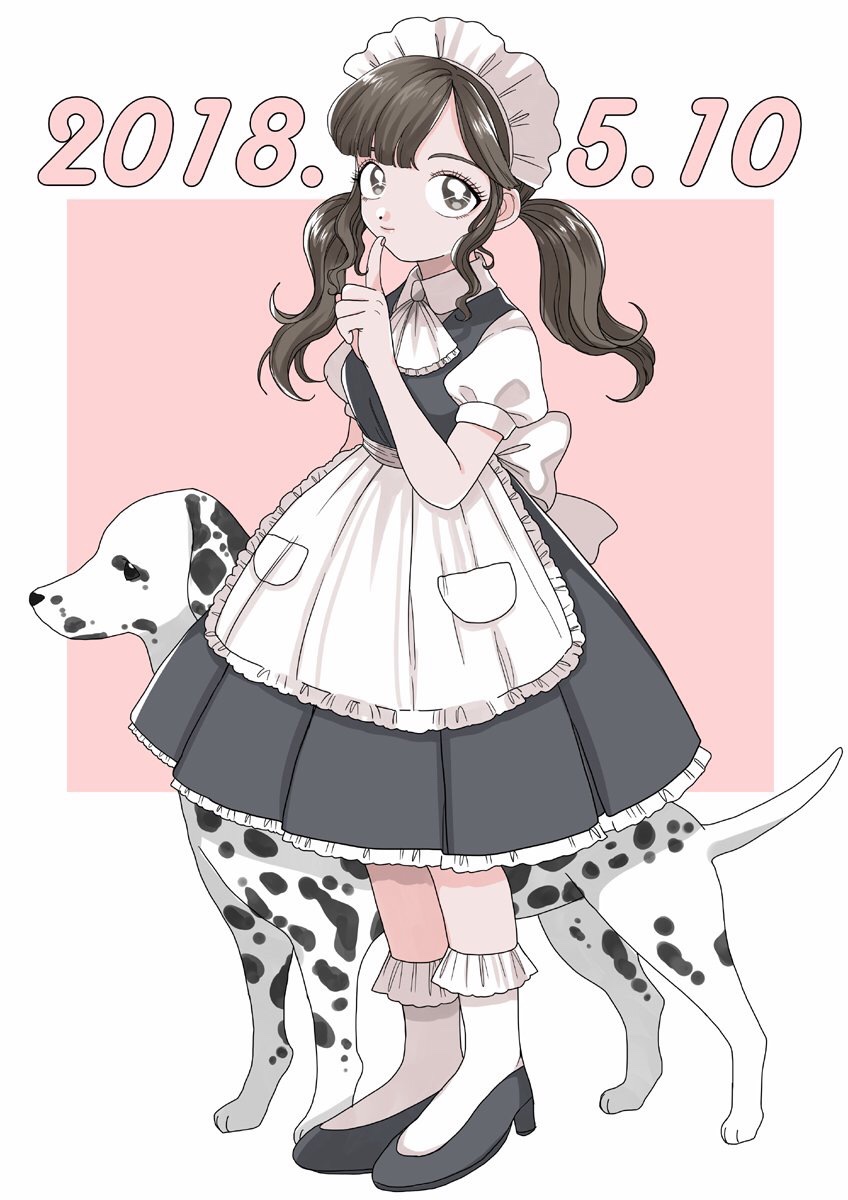 1girl 2018 amamams apron ascot bangs bobby_socks brown_eyes brown_hair dalmatian dated dog dress finger_to_mouth high_heels highres looking_at_viewer low_twintails maid maid_apron maid_day maid_headdress medium_dress original puffy_short_sleeves puffy_sleeves pumps short_sleeves shushing smile socks swept_bangs twintails