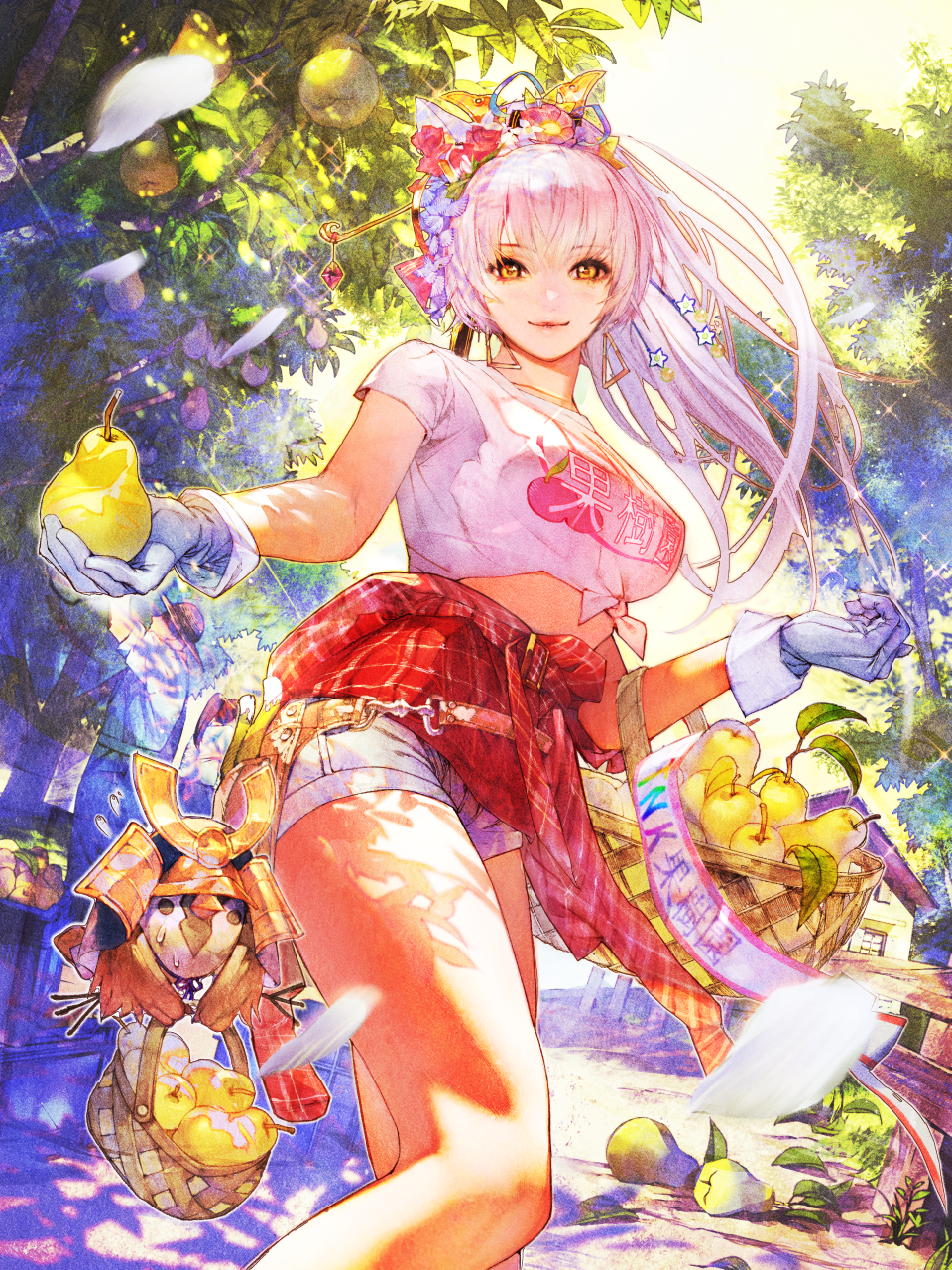 1girl basket bird breasts building clothes_around_waist dappled_sunlight earrings food from_below fruit gloves hair_ornament highres holding holding_food holding_fruit isaac_hein_iii jewelry large_breasts long_hair looking_at_viewer official_art outdoors pear ponytail print_shirt shirt shorts smile solo_focus sparkle sunlight tenka_touitsu_chronicle tied_shirt tree white_hair yellow_eyes