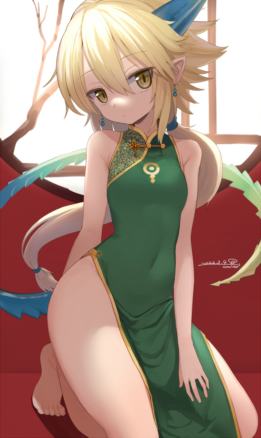 1girl armpit_crease bare_legs barefoot blonde_hair china_dress chinese_clothes covered_navel dragon_horns dragon_tail dress earrings expressionless eyebrows_visible_through_hair flat_chest green_dress hair_between_eyes highres horns indoors jewelry looking_at_viewer original pelvic_curtain pointy_ears ponytail skin_tight sleeveless sleeveless_dress solo squatting sunlight tail toes umino_hotate