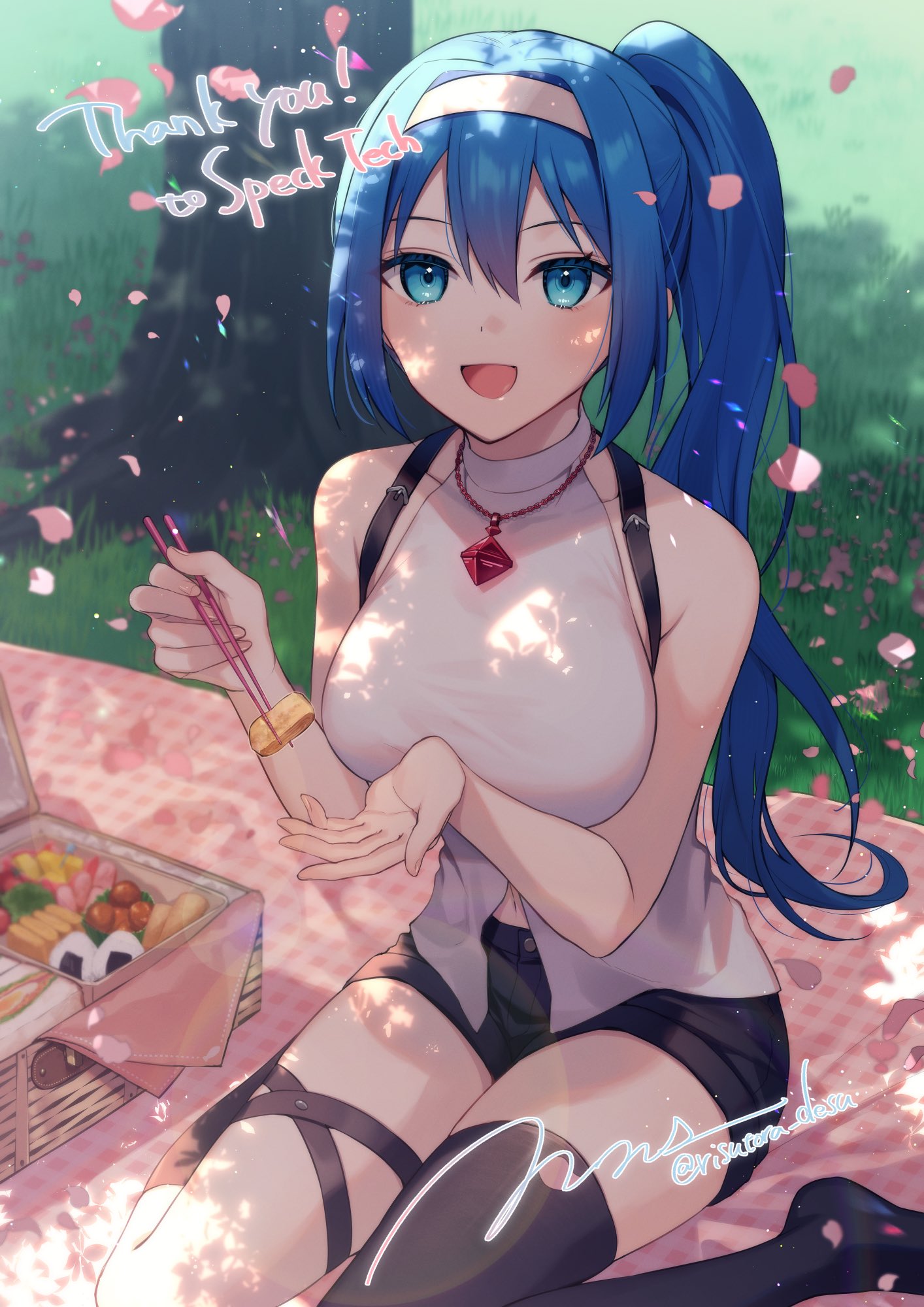 1girl alyssa_(specktech) bangs bare_shoulders blanket blue_eyes blue_hair blush boots breasts chopsticks collarbone commentary commission english_commentary english_text falling_petals food food_request gem grass hair_between_eyes hair_intakes hairband halter_top halterneck highres holding holding_chopsticks incoming_food jewelry large_breasts leg_strap long_hair navel necklace onigiri open_mouth original petals phantasy_star phantasy_star_online_2 picnic picnic_basket ponytail risutora_desu short_shorts shorts signature single_thigh_boot sitting skeb_commission solo thigh-highs thigh_boots tree twitter_username