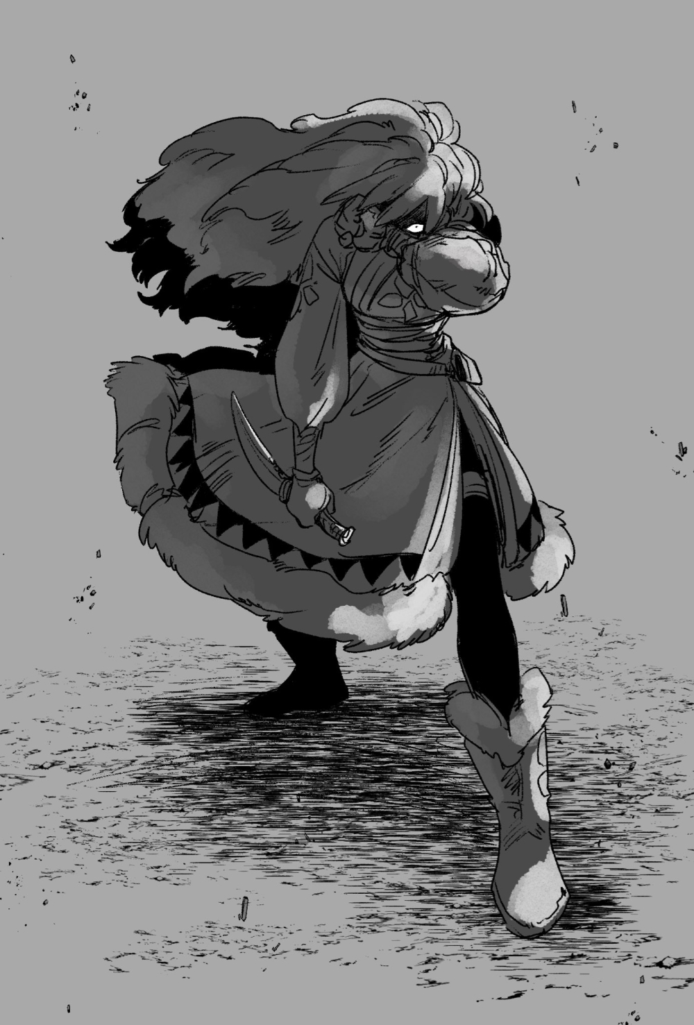 1girl angry bangs boots breasts fighting_stance floating_hair full_body fur-trimmed_boots fur_trim greyscale hair_down hand_up highres holding holding_sword holding_weapon kenkon_no_washi long_hair long_sleeves looking_at_viewer monochrome no_mask one_eye_covered pantyhose puffy_long_sleeves puffy_sleeves reverse_grip sash simple_background solo standing suzumori_521 sword weapon wide-eyed wiping_face