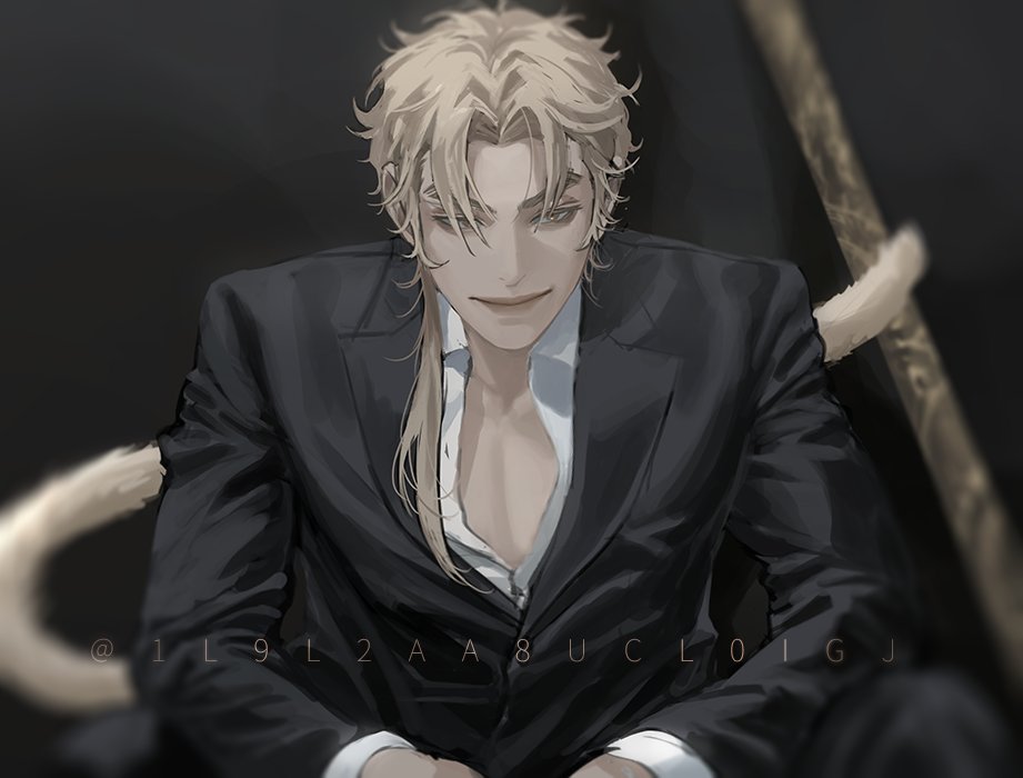 1boy blackbox_(blackbox9158) blonde_hair blurry collared_shirt dark_background depth_of_field formal holding holding_with_tail male_focus omniscient_reader's_viewpoint ponytail prehensile_tail shirt short_hair sitting smile solo staff suit sun_wukong_(omniscient_reader's_viewpoint) tail unbuttoned unbuttoned_shirt yellow_eyes