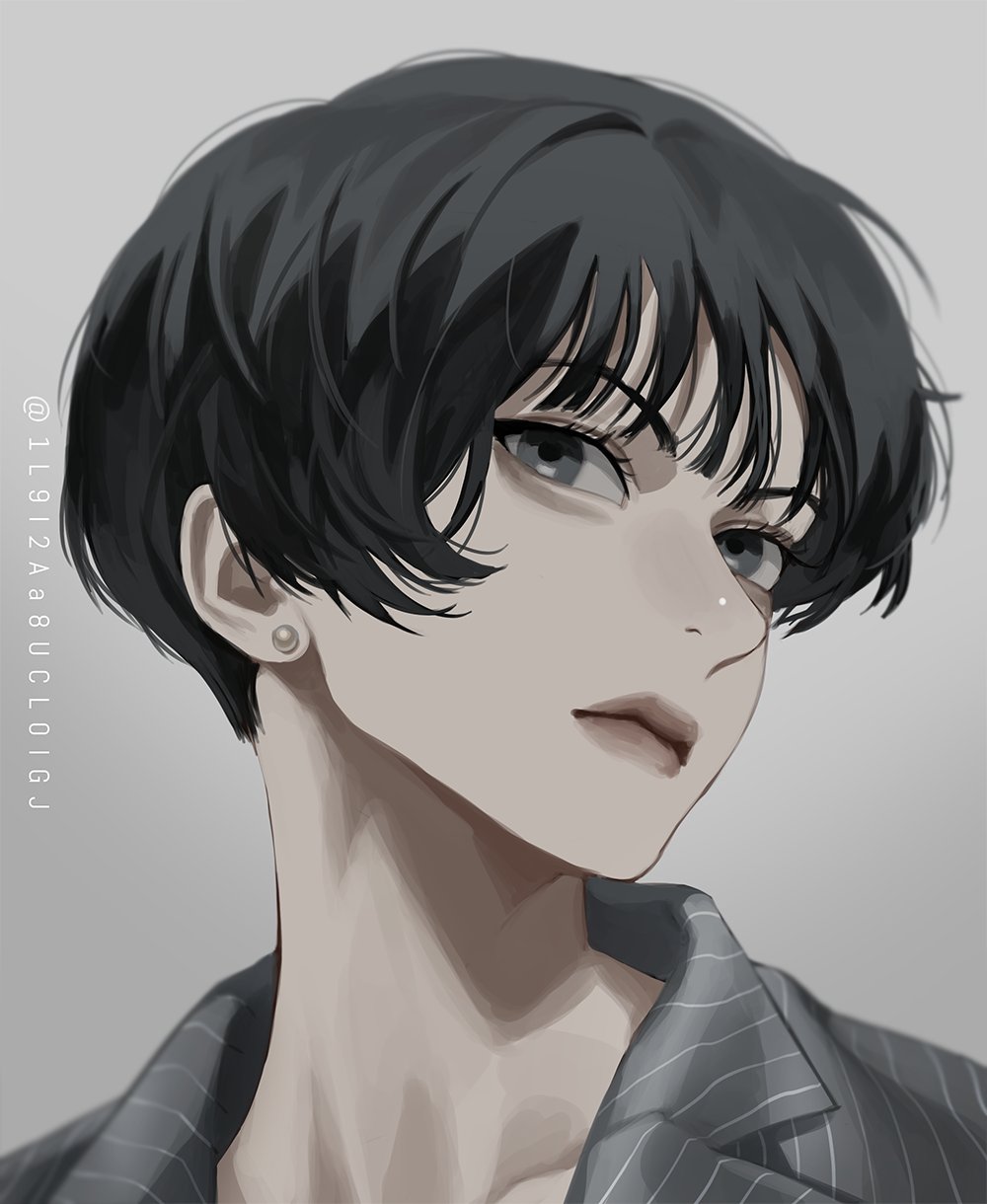 1girl black_hair blackbox_(blackbox9158) collared_shirt earrings grey_background grey_eyes highres jewelry lips looking_at_viewer omniscient_reader's_viewpoint portrait shirt short_hair solo sooyoung_han striped striped_shirt symbol-only_commentary wing_collar