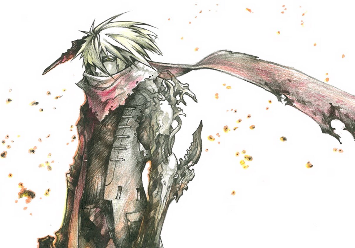 1boy arm_blade blade blonde_hair burnt burnt_clothes cable coat embers hatching_(texture) holding holding_weapon madangel male_focus mechanical_arms original red_scarf scarf single_mechanical_arm sleeveless_coat solo spiky_hair torn torn_clothes torn_coat torn_scarf traditional_media weapon yellow_eyes