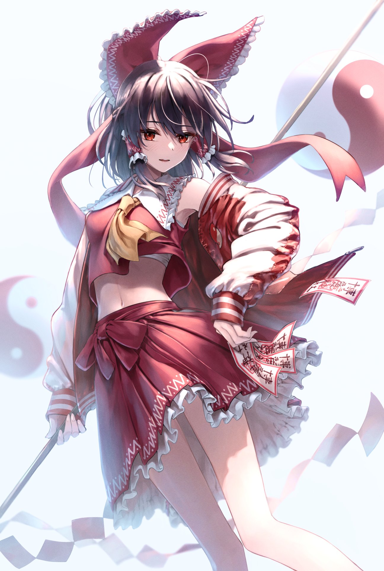 1girl bangs bare_shoulders bow brown_hair commentary_request frilled_bow frilled_hair_tubes frilled_shirt_collar frilled_skirt frills gohei greenkohgen hair_bow hair_ribbon hair_tubes hakurei_reimu hand_on_hip highres holding_gohei jacket knees_together_feet_apart long_sleeves looking_at_viewer midriff off_shoulder orb red_bow red_eyes red_jacket red_ribbon red_skirt red_vest ribbon sarashi short_hair skirt solo touhou vest waist_bow yin_yang yin_yang_orb yin_yang_print