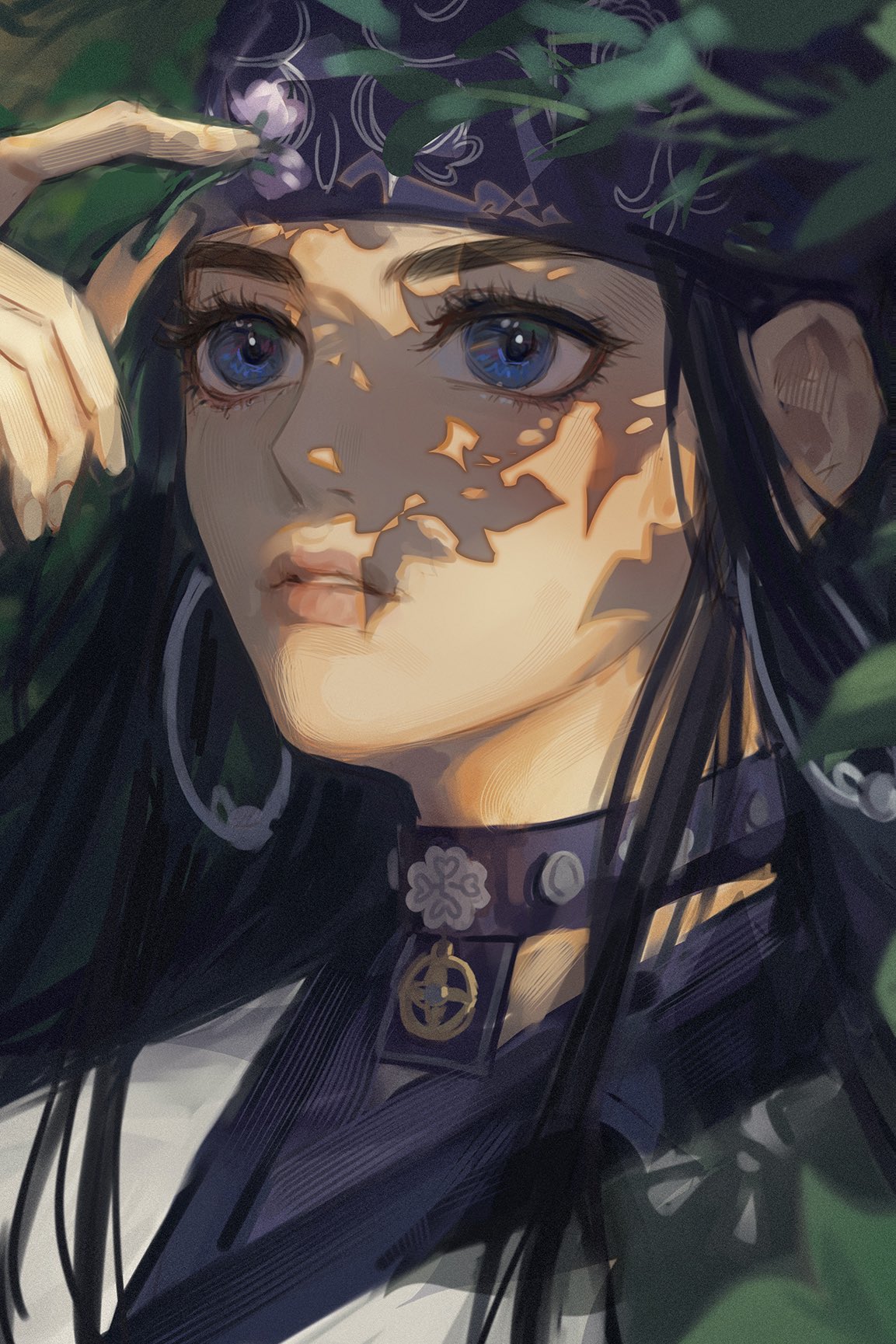 1girl ainu_clothes asirpa black_hair blue_eyes choker dappled_sunlight day earrings eyelashes flower golden_kamuy hand_up headband highres holding holding_flower hoop_earrings jewelry lips long_hair looking_away looking_up nature parted_lips plant portrait solo sunlight xiaopa25