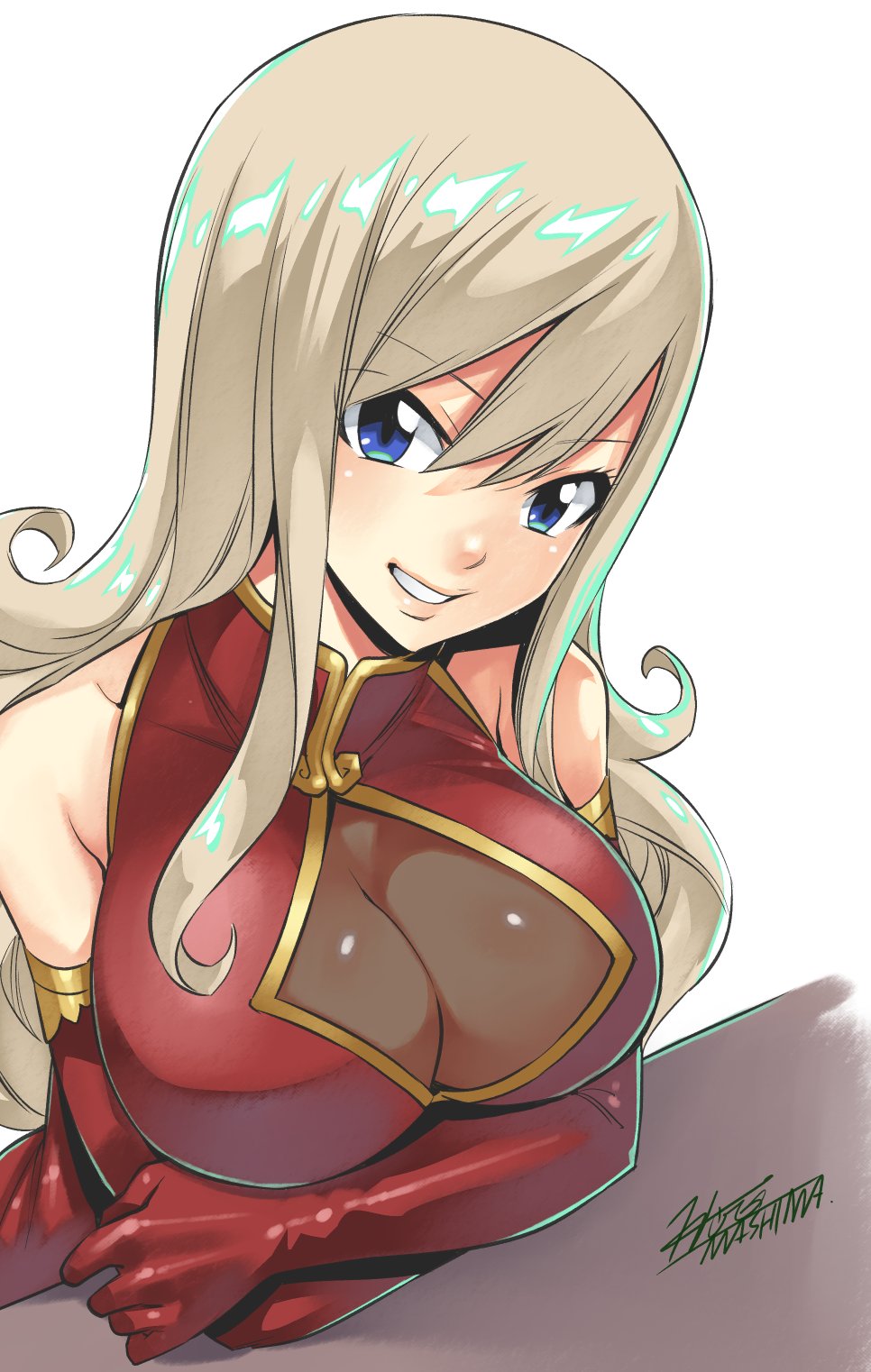 1girl arms_under_breasts bangs bare_shoulders blonde_hair blue_eyes breasts cleavage_cutout clothing_cutout crossed_arms dress eden's_zero elbow_gloves gloves hair_between_eyes highres large_breasts leaning_on_table long_hair looking_at_viewer mashima_hiro official_art rebecca_bluegarden red_dress red_gloves shiny shiny_hair signature sleeveless sleeveless_dress smile solo white_background