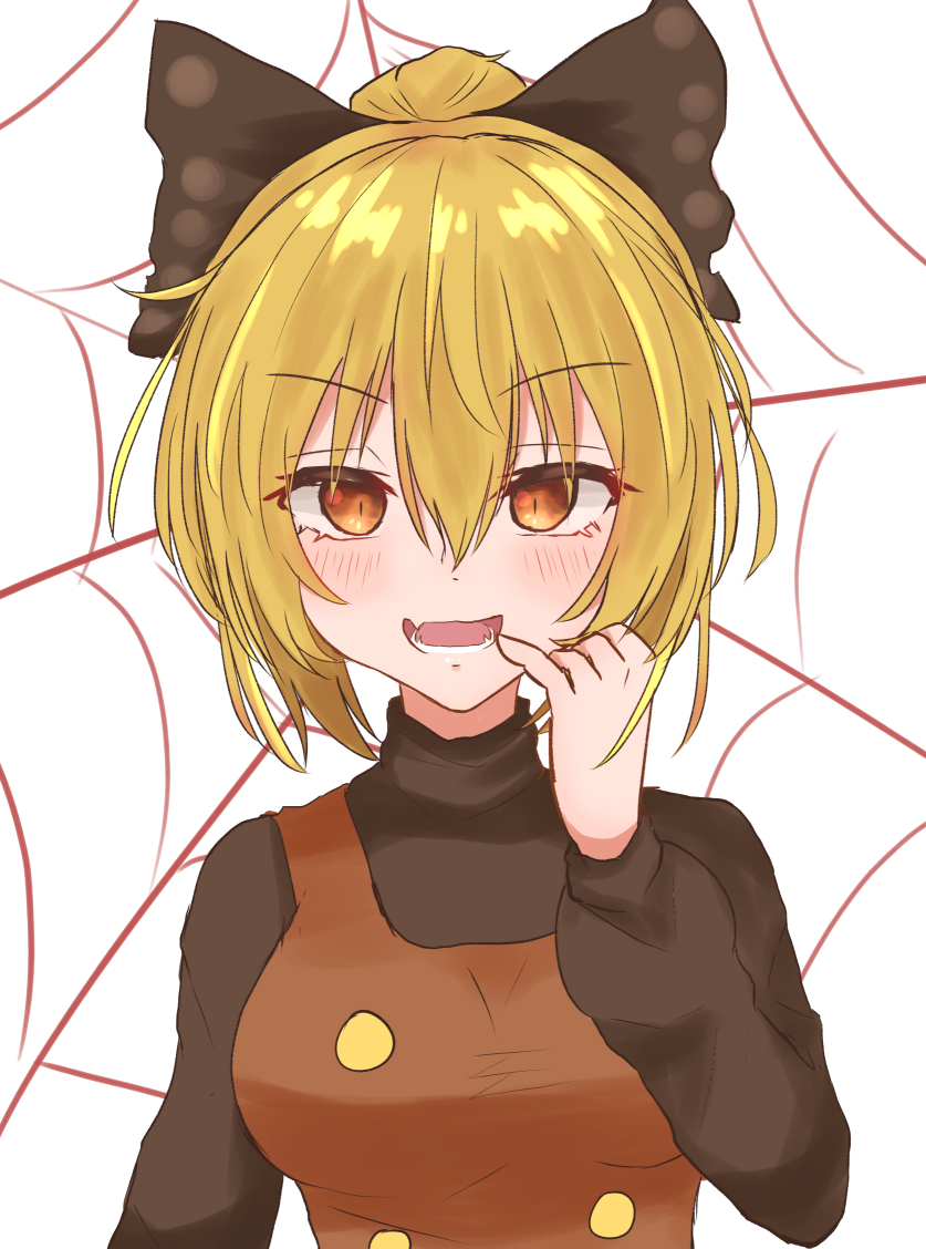 1girl bangs black_bow black_shirt blonde_hair blush bow breasts brown_dress brown_eyes buttons commentary_request dress eyebrows_visible_through_hair hair_between_eyes hair_bow kurodani_yamame long_sleeves looking_at_viewer medium_breasts open_mouth ponytail shirt short_hair silk slit_pupils solo spider_web touhou turtleneck upper_body white_background yanagi_(isiryu230)