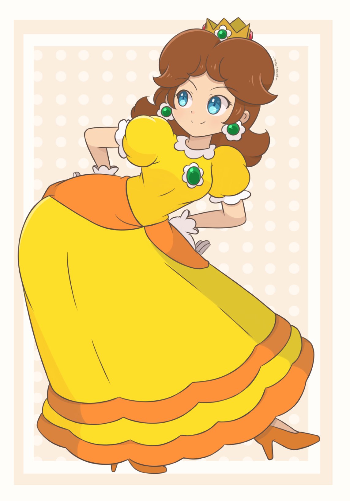 1girl brown_hair chocomiru crown dress earrings gloves long_dress polka_dot polka_dot_background princess_daisy solo super_mario_bros. super_smash_bros. yellow_dress