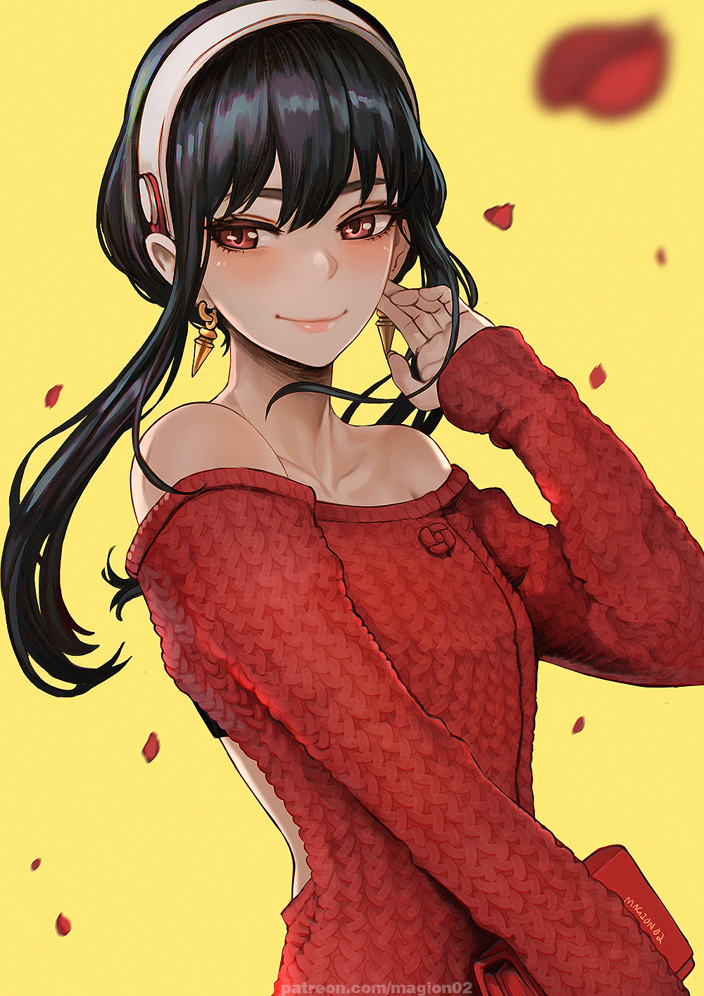 1girl bare_shoulders black_hair book earrings hairband half-closed_eyes hand_up highres jewelry long_sleeves looking_to_the_side magion02 off-shoulder_sweater off_shoulder petals red_eyes red_sweater simple_background smile solo spy_x_family sweater upper_body yellow_background yor_briar