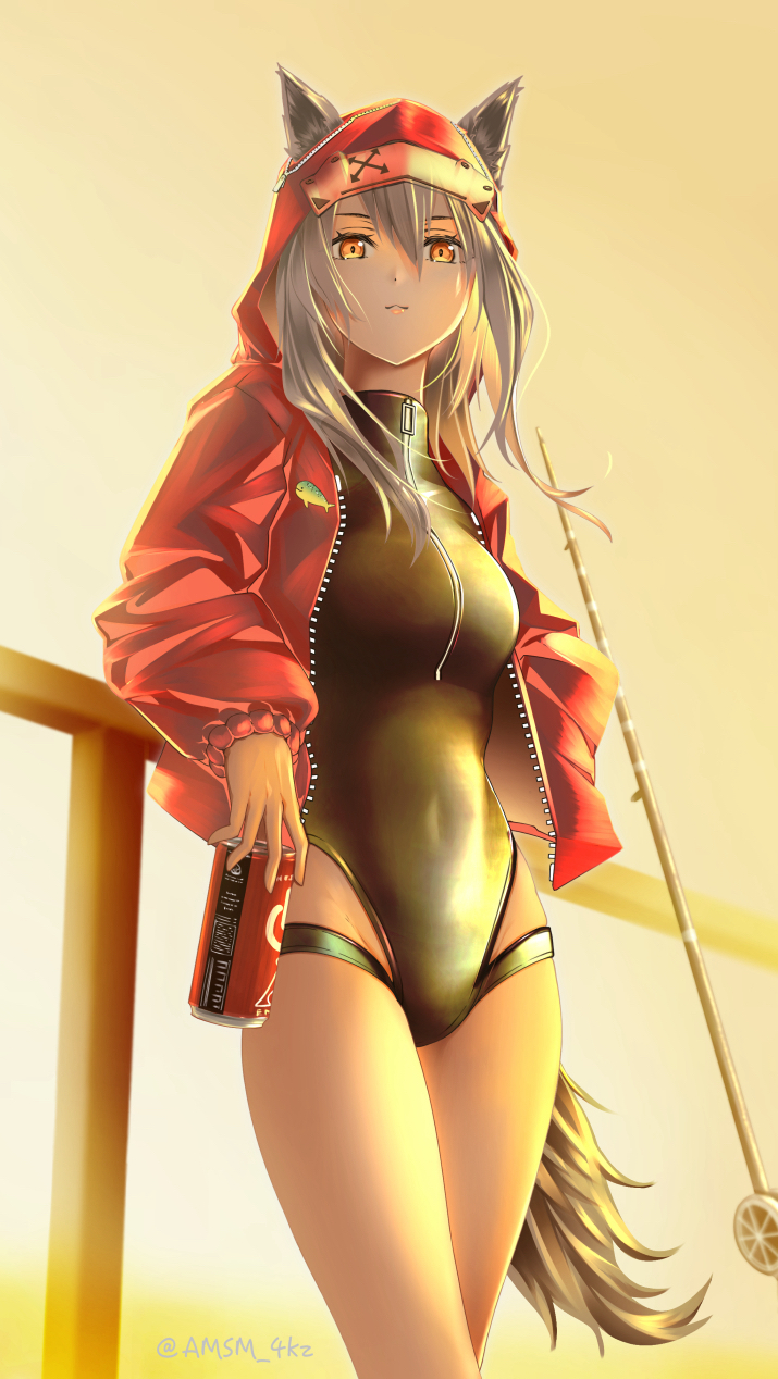 1girl against_railing animal_ear_fluff arknights artist_name backlighting bangs black_swimsuit breasts can casual_one-piece_swimsuit closed_mouth evening eyebrows_visible_through_hair feet_out_of_frame fishing_rod groin hair_between_eyes highres holding holding_can hood hood_up hooded_jacket jacket long_hair long_sleeves looking_at_viewer medium_breasts official_alternate_costume one-piece_swimsuit open_clothes open_jacket orange_eyes outdoors projekt_red_(arknights) projekt_red_(light_breeze)_(arknights) railing red_jacket revision smile soda_can solo standing sunset swimsuit swimsuit_under_clothes tail thighs twitter_username unzipped wolf_girl wolf_tail yellow_sky yokaze_(yokajie)