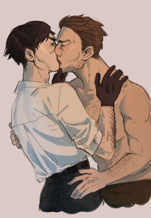 2men artemy_burakh bachelor belt black_gloves black_hair black_pants blonde_hair blush brown_pants burakhovsky daniil_dankovsky embrace facial_hair haruspex holding_face kiss leather leather_gloves magicky-hands pathologic pathologic_2 rolled_sleeves shirtless short_hair tongue white_shirt