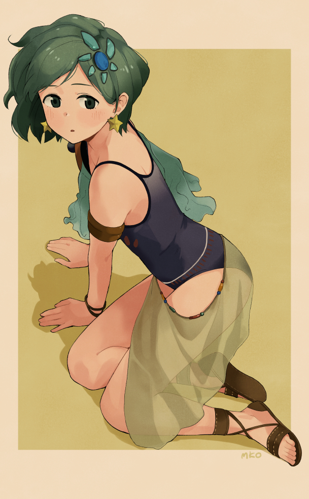 1girl banned_artist blue_swimsuit blush brown_footwear earrings final_fantasy final_fantasy_iv green_hair hair_ornament jewelry makio_(makiomeigenbot) one-piece_swimsuit parted_lips rydia_(ff4) sandals sarong signature simple_background sitting solo star_(symbol) star_earrings swimsuit two-tone_background