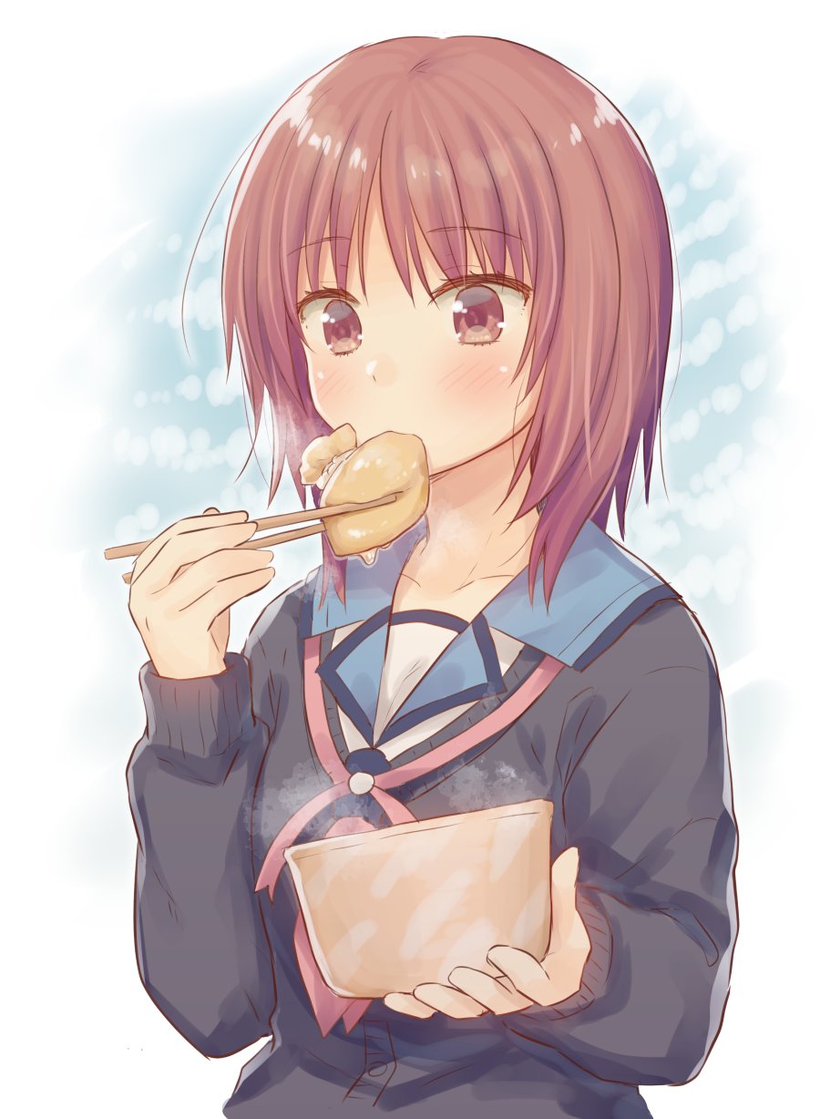 1girl angel_beats! black_cardigan blue_sailor_collar blush cardigan chopsticks collarbone commentary_request eating eyebrows_visible_through_hair food highres holding holding_chopsticks holding_food iwasama_masami long_sleeves nakamura_hinato neck_ribbon pink_ribbon red_eyes redhead ribbon sailor_collar school_uniform serafuku shinda_sekai_sensen_uniform short_hair solo uniform upper_body