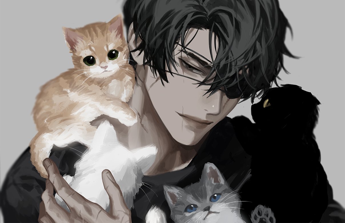 1boy animal black_hair black_shirt blackbox_(blackbox9158) cat eyepatch grey_background grey_eyes holding holding_animal holding_cat joonghyuk_yoo kitten looking_at_another male_focus omniscient_reader's_viewpoint portrait scar shirt short_hair smile solo spoilers symbol-only_commentary
