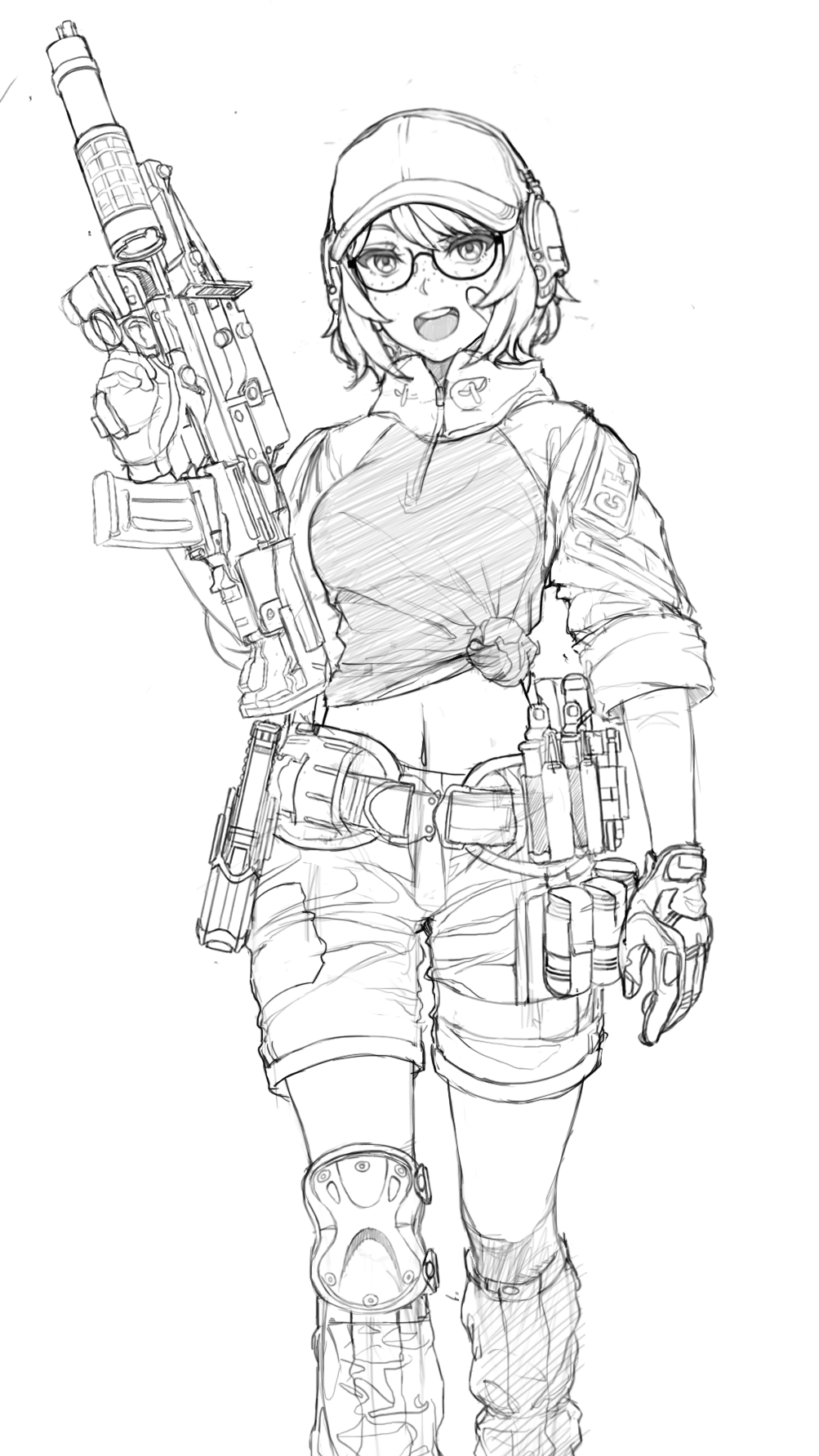 assault_rifle belt freckles gaiters glasses gloves gp-25 grenade_launcher gun handgun hat headset highres knee_pads original ots-14 pistol pouch rifle shirt short_hair shorts sketch tied_shirt turtatoart underbarrel_grenade_launcher weapon