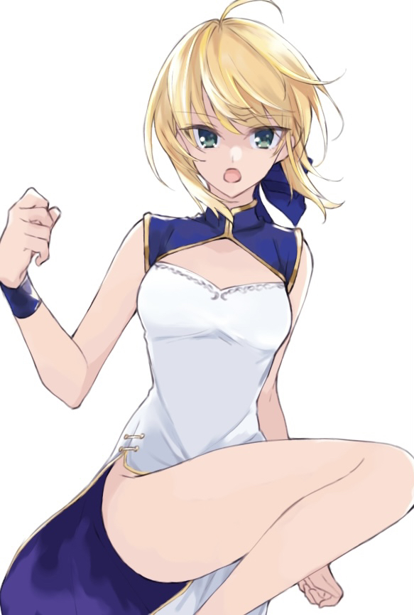 1girl :o ahoge alternate_costume artoria_pendragon_(fate) bangs bare_arms bare_legs blonde_hair blue_bow bow china_dress chinese_clothes cleavage_cutout clothing_cutout dress eyebrows_visible_through_hair fate/stay_night fate_(series) floating_hair green_eyes hair_between_eyes hair_bow looking_at_viewer maru_(pixiv51714255) no_panties open_mouth saber shiny shiny_hair short_hair side_slit sidelocks simple_background sleeveless sleeveless_dress solo white_background