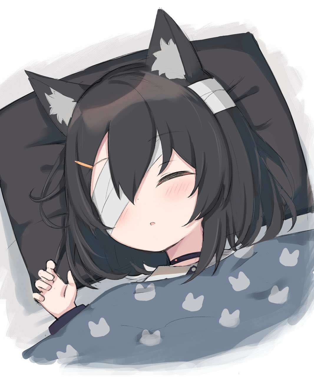 1girl animal_ears bandage_over_one_eye bandaged_head bandages black_hair blanket cat_ears cat_girl closed_eyes highres long_sleeves original satou_(3366_s) short_hair sleeping