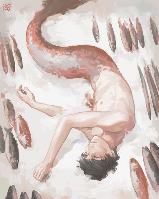 1boy blood brown_hair completely_nude corpse death driftwoodwolf empty_eyes fish full_body ice lying merman monster_boy nude on_side original red_eyes short_hair signature solo upside-down