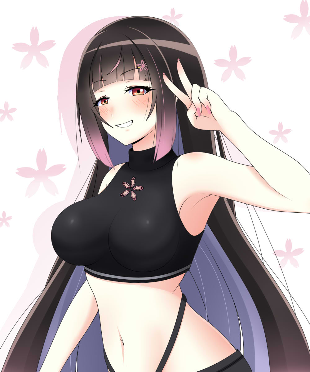 1girl bangs bare_shoulders black_shirt black_shorts blunt_bangs blush breasts brown_hair crop_top draw_shankoi eyebrows_visible_through_hair fingernails floral_background floral_print grin highres indie_virtual_youtuber large_breasts long_hair midriff multicolored_hair navel pink_background pink_nails purple_hair red_eyes shirt shorts sleeveless sleeveless_shirt smile solo spanish_commentary stomach turtleneck two-tone_hair upper_body v very_long_hair virtual_youtuber yomeguri_hana