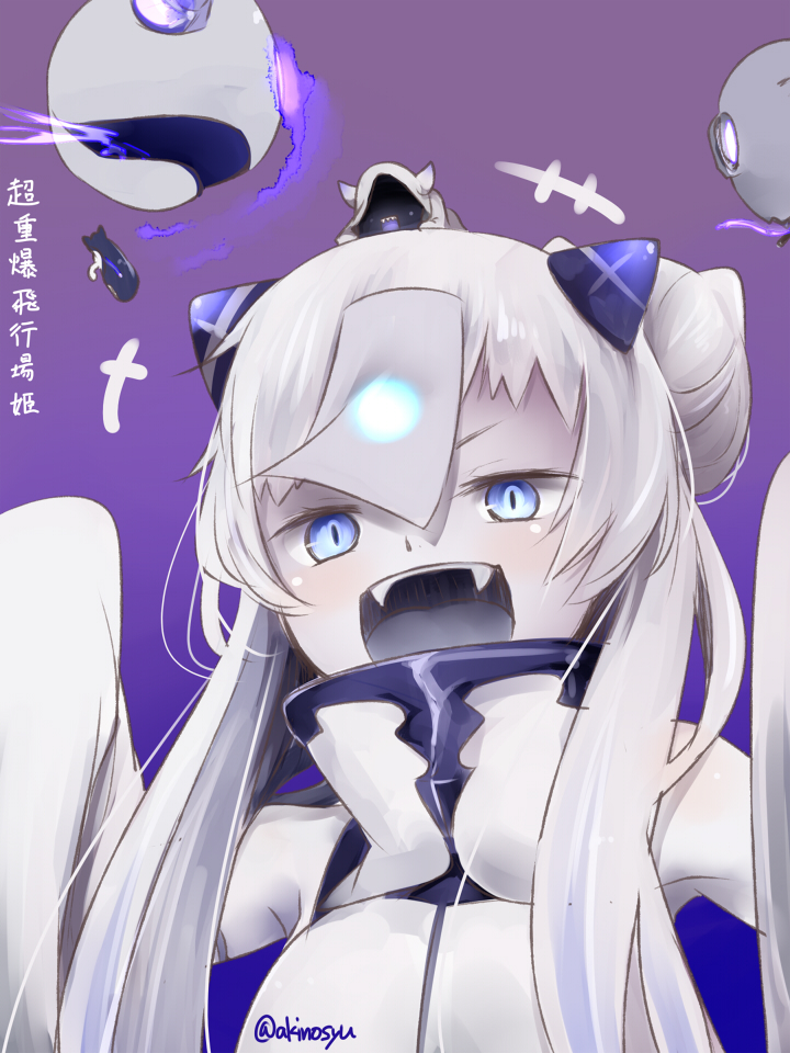 +++ 1girl abyssal_ship akino_shuu blue_eyes character_name colored_skin enemy_aircraft_(kancolle) fangs horns kantai_collection long_hair ofuda open_mouth skirt sleeves_past_fingers sleeves_past_wrists solo super_heavy_bomber_airfield_princess twitter_username upper_body white_hair white_skin white_skirt wide_sleeves