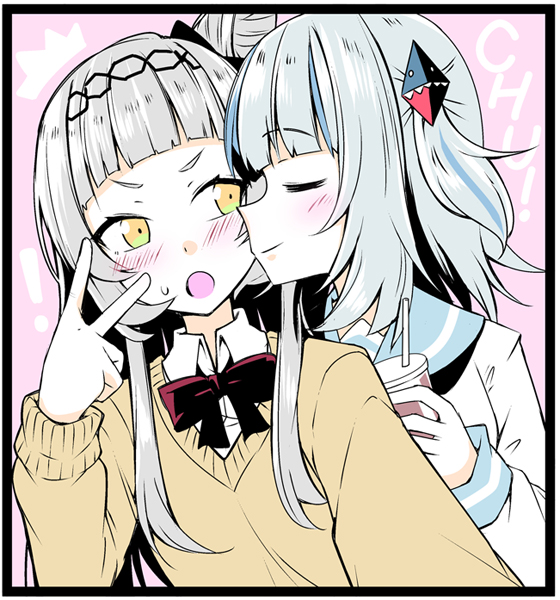 2girls alternate_costume bangs black_border blue_hair blunt_bangs blush border bow bowtie closed_eyes collared_shirt cup drinking_straw facing_another gawr_gura grey_hair hair_bun holding holding_cup hololive hololive_english ichimi kiss kissing_cheek long_hair long_sleeves looking_at_another medium_hair multicolored_hair multiple_girls murasaki_shion open_mouth outstretched_arm pink_background red_bow red_bowtie sailor_collar selfie shirt two-tone_hair upper_body virtual_youtuber yellow_eyes yuri