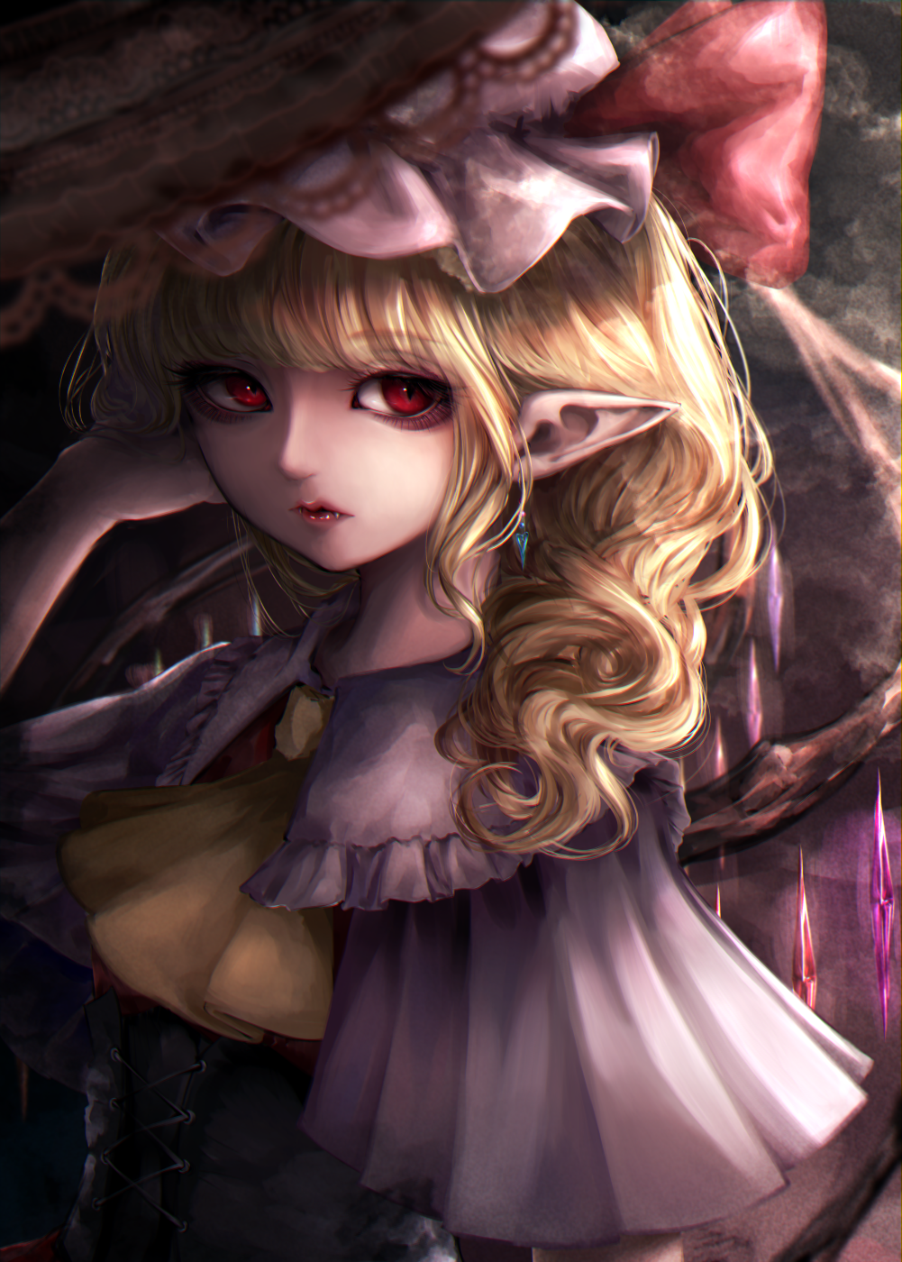 1girl ascot bangs blonde_hair blunt_bangs closed_mouth collared_shirt commentary corset crystal earrings expressionless fang flandre_scarlet frilled_shirt_collar frills hand_in_own_hair hand_up hat hat_ribbon highres jewelry lips long_hair mizuhichi mob_cap pointy_ears red_eyes red_ribbon red_vest ribbon shirt short_sleeves solo touhou upper_body vest wavy_hair white_headwear white_shirt wide_sleeves wings yellow_ascot