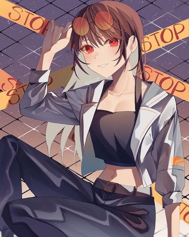 1girl 1z1art :d arm_at_side arm_up bangs belt black_pants black_shirt breasts brown_hair collarbone collared_jacket commentary crop_top cropped_jacket earrings english_commentary eyebrows_behind_hair eyewear_on_head feet_out_of_frame fence grey_jacket hand_on_eyewear instagram_username jacket jewelry knee_up long_hair midriff navel open_clothes open_jacket orange-tinted_eyewear original pants parted_lips red_eyes shadow shirt sidelighting sitting small_breasts smile solo sunglasses tinted_eyewear