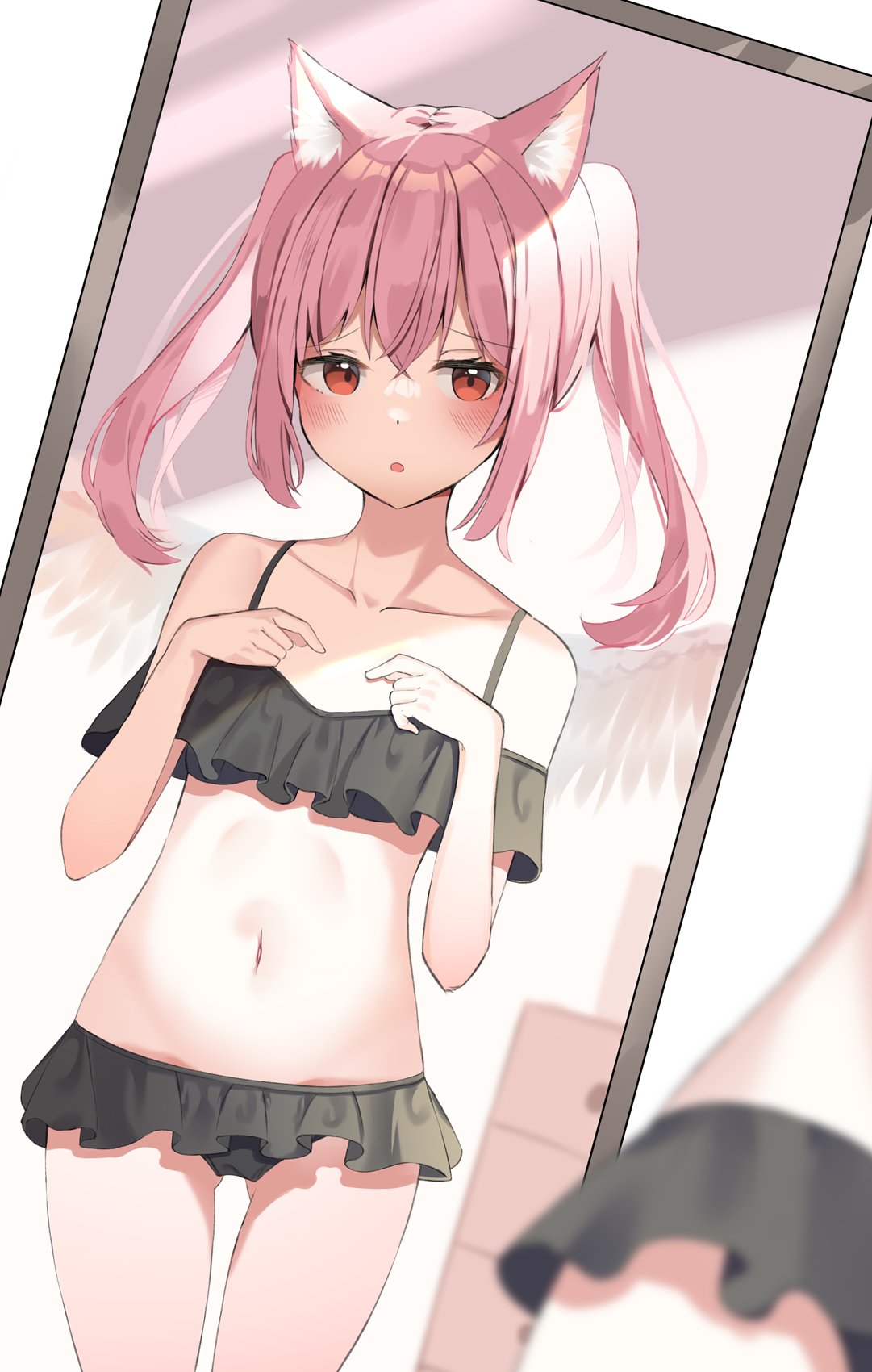 1girl animal_ears ass_visible_through_thighs bikini black_bikini blush breasts cat_ears hands_on_own_chest highres indoors long_hair mirror mizuki_ryuu navel open_mouth original pink_hair red_eyes reflection small_breasts solo swimsuit thigh_gap thighs twintails