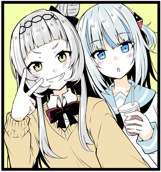 2girls alternate_costume bangs black_border blue_hair blunt_bangs blush border bow bowtie collarbone collared_shirt commentary_request cup drinking_straw gawr_gura grey_hair grin hair_bun holding holding_cup hololive hololive_english ichimi long_hair long_sleeves looking_at_viewer medium_hair multicolored_hair multiple_girls murasaki_shion open_mouth outstretched_arm red_bow red_bowtie sailor_collar selfie shirt smile two-tone_hair upper_body v virtual_youtuber yellow_background yellow_eyes