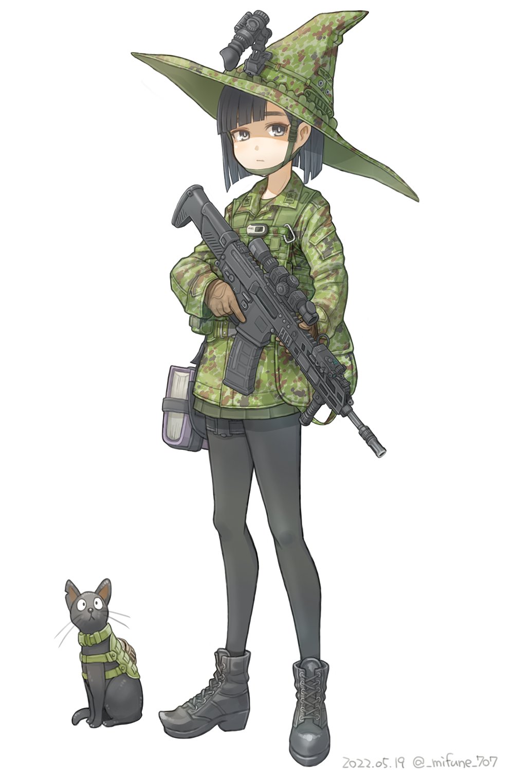 1girl assault_rifle bangs black_cat black_eyes black_footwear black_hair black_legwear black_skirt book boots brown_gloves camouflage camouflage_headwear camouflage_jacket cat commentary_request dated foregrip gloves gun hair_behind_ear hat highres holding holding_gun holding_weapon jacket mifune_(_mifune_707) original pantyhose rifle scope short_hair skirt solo trigger_discipline twitter_username weapon weapon_request whiskers witch_hat