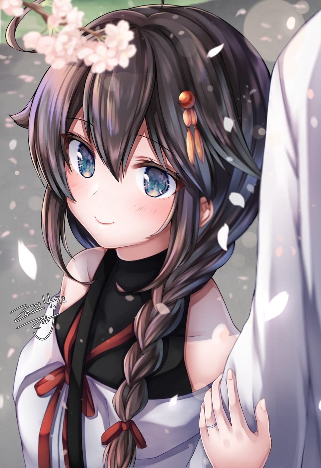 1boy 1girl admiral_(kancolle) ahoge bare_shoulders black_bodysuit blue_eyes blush bodysuit braid branch breasts brown_hair cherry_blossoms closed_mouth collarbone commentary_request eyebrows_visible_through_hair hair_flaps hair_ornament hair_over_breasts hair_over_one_breast hair_over_shoulder hairclip highres holding_another's_arm jewelry kantai_collection looking_at_viewer makina00 medium_breasts official_alternate_costume out_of_frame over_shoulder path petals red_ribbon ribbon ring shigure_(kancolle) shigure_kai_ni_(kancolle) shirt side-by-side sidewalk signature simple_background sleeveless_bodysuit smile strap strapless strapless_shirt upper_body walkway wedding_band white_shirt
