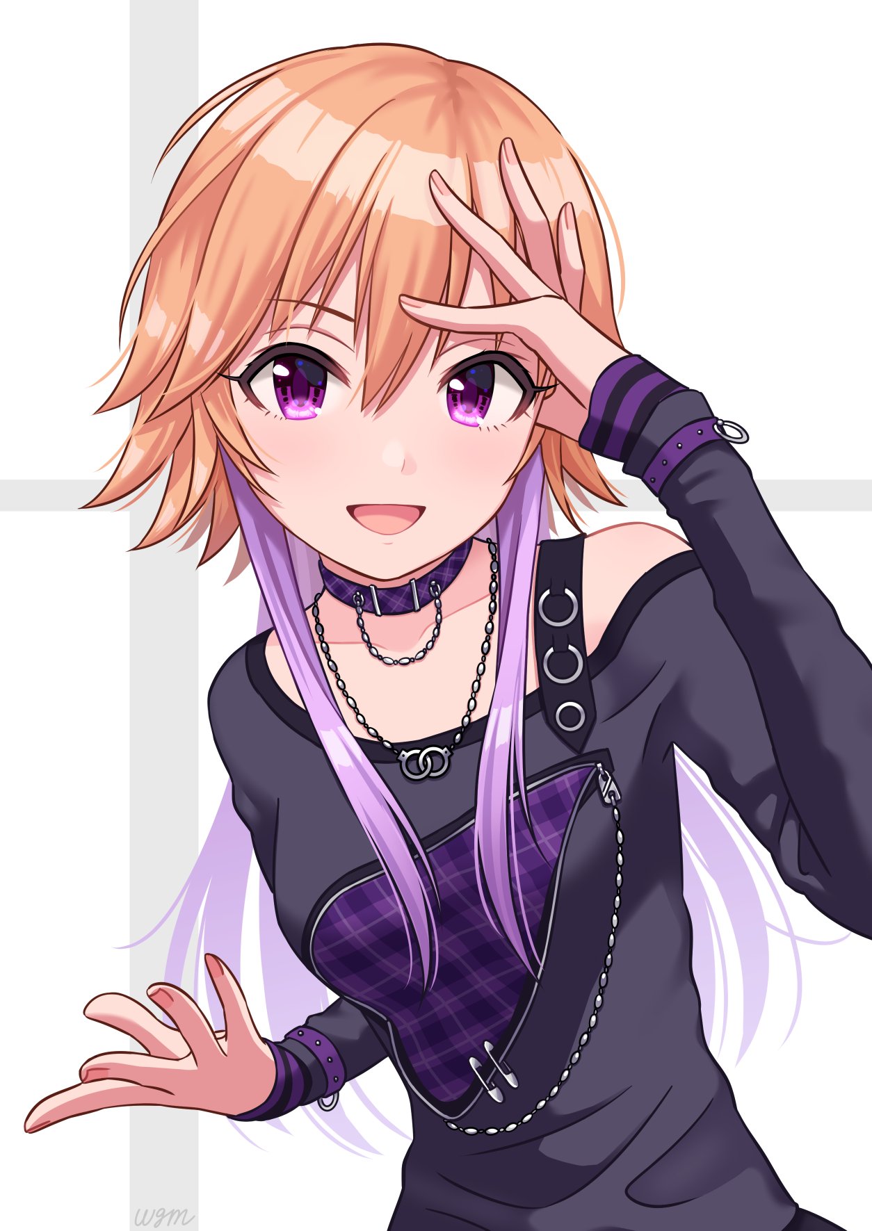 black_shirt breasts checkered choker commentary_request eyebrows_visible_through_hair hair_between_eyes hand_on_own_head hand_up highres idolmaster idolmaster_cinderella_girls jewelry light_brown_hair long_hair long_sleeves looking_at_viewer multicolored_hair necklace ninomiya_asuka open_mouth purple_hair safety_pin shirt small_breasts smile solo tsurime two-tone_hair violet_eyes wgm_oekaki white_background wristband zipper zipper_pull_tab