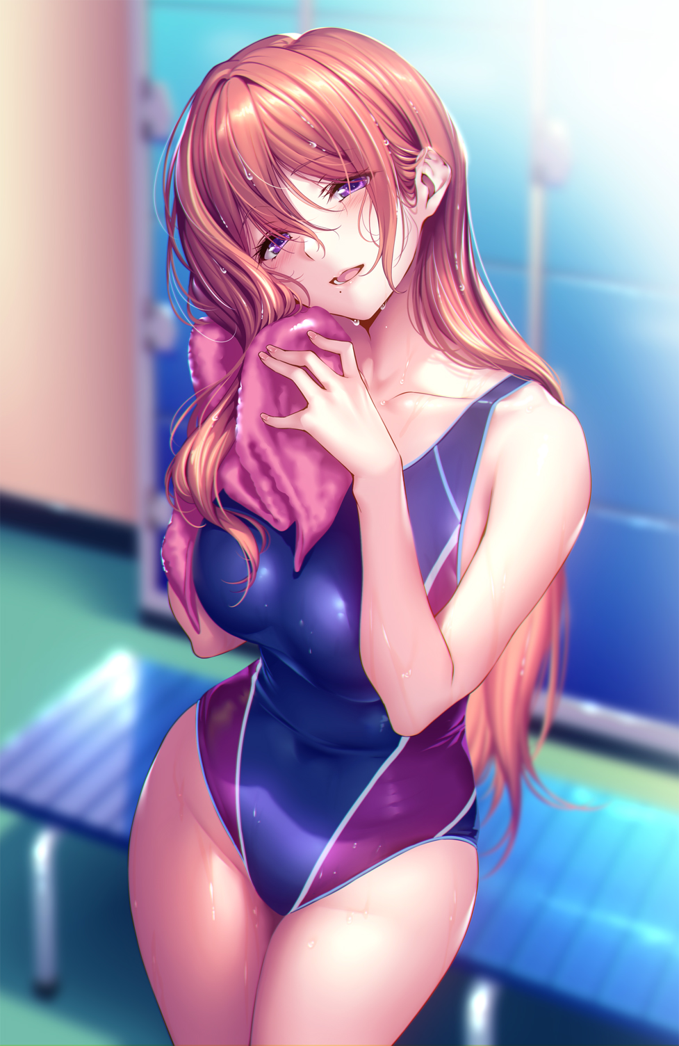 1girl bangs bare_shoulders breasts collarbone commentary_request covered_navel hanikami_kanojo highleg highleg_swimsuit highres holding kurumi_shinoha long_hair medium_breasts one-piece_swimsuit piromizu simple_background solo swimsuit towel