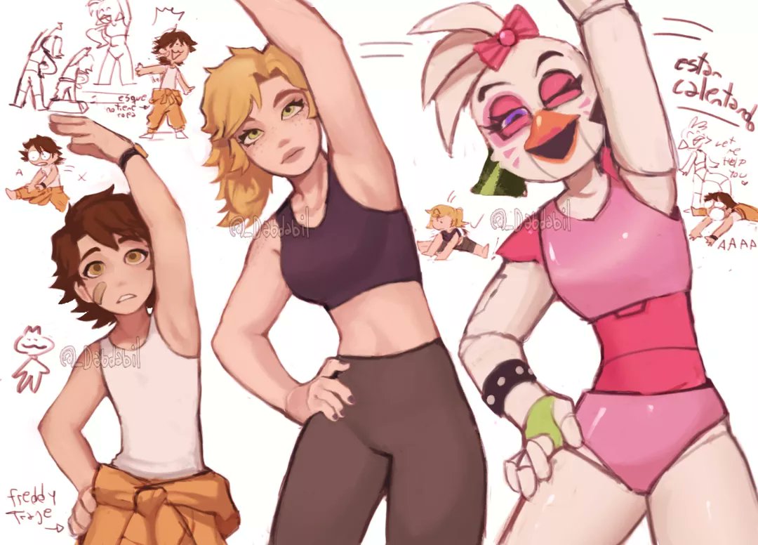 1boy 2girls animal_robot bandaid bandaid_on_cheek bandaid_on_face blonde_hair bow brown_hair chica dabi_bill five_nights_at_freddy's five_nights_at_freddy's:_security_breach furry furry_female glamrock_chica green_eyes gregory_(fnaf) gym_shirt medium_hair midriff multiple_girls navel ponytail robot shirt stretched_limb translated vanessa_(fnaf)