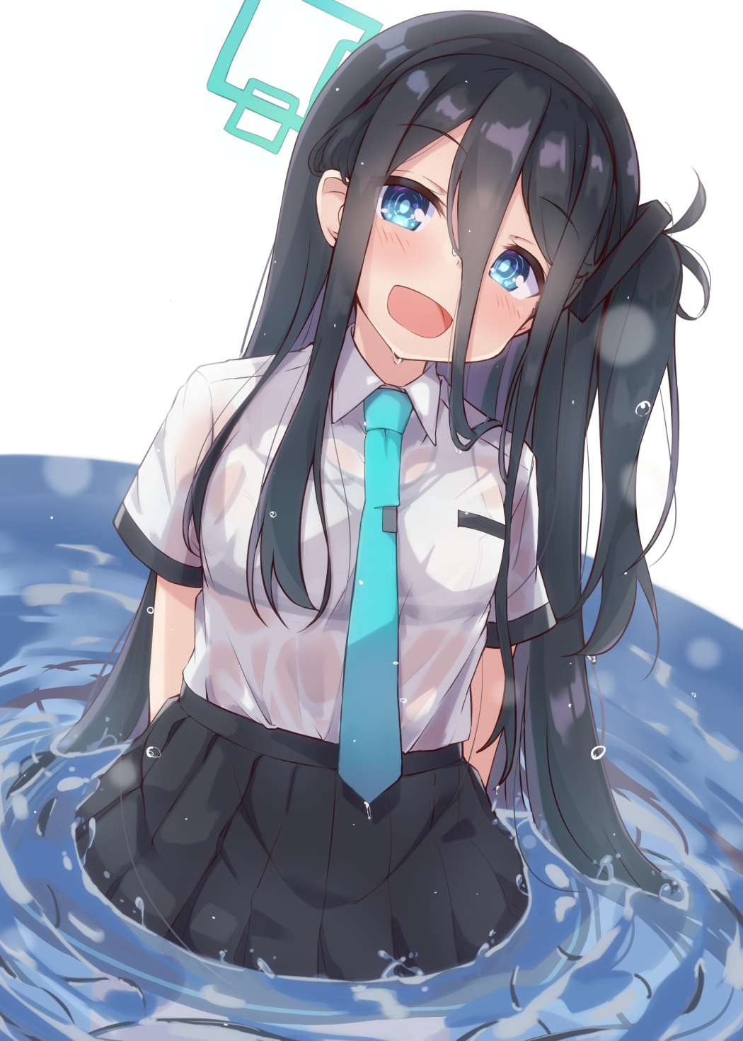 1girl :d arisu_(blue_archive) bangs black_hair black_skirt blue_archive blue_eyes blue_necktie blush bra breasts collared_shirt commentary_request eyebrows_visible_through_hair hair_between_eyes halo head_tilt highres long_hair necktie one_side_up pleated_skirt see-through shirt skirt small_breasts smile solar_milk solo tie_clip underwear very_long_hair water wet wet_clothes wet_hair wet_shirt white_background white_bra