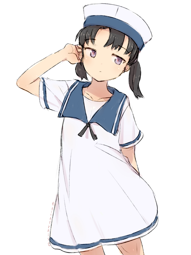 1girl alchera black_hair blue_collar blue_sailor_collar collar dress hat kantai_collection looking_at_viewer one-hour_drawing_challenge sailor_collar sailor_dress sailor_hat short_hair short_sleeves shounan_(kancolle) simple_background solo standing twintails violet_eyes white_background white_dress white_headwear white_legwear