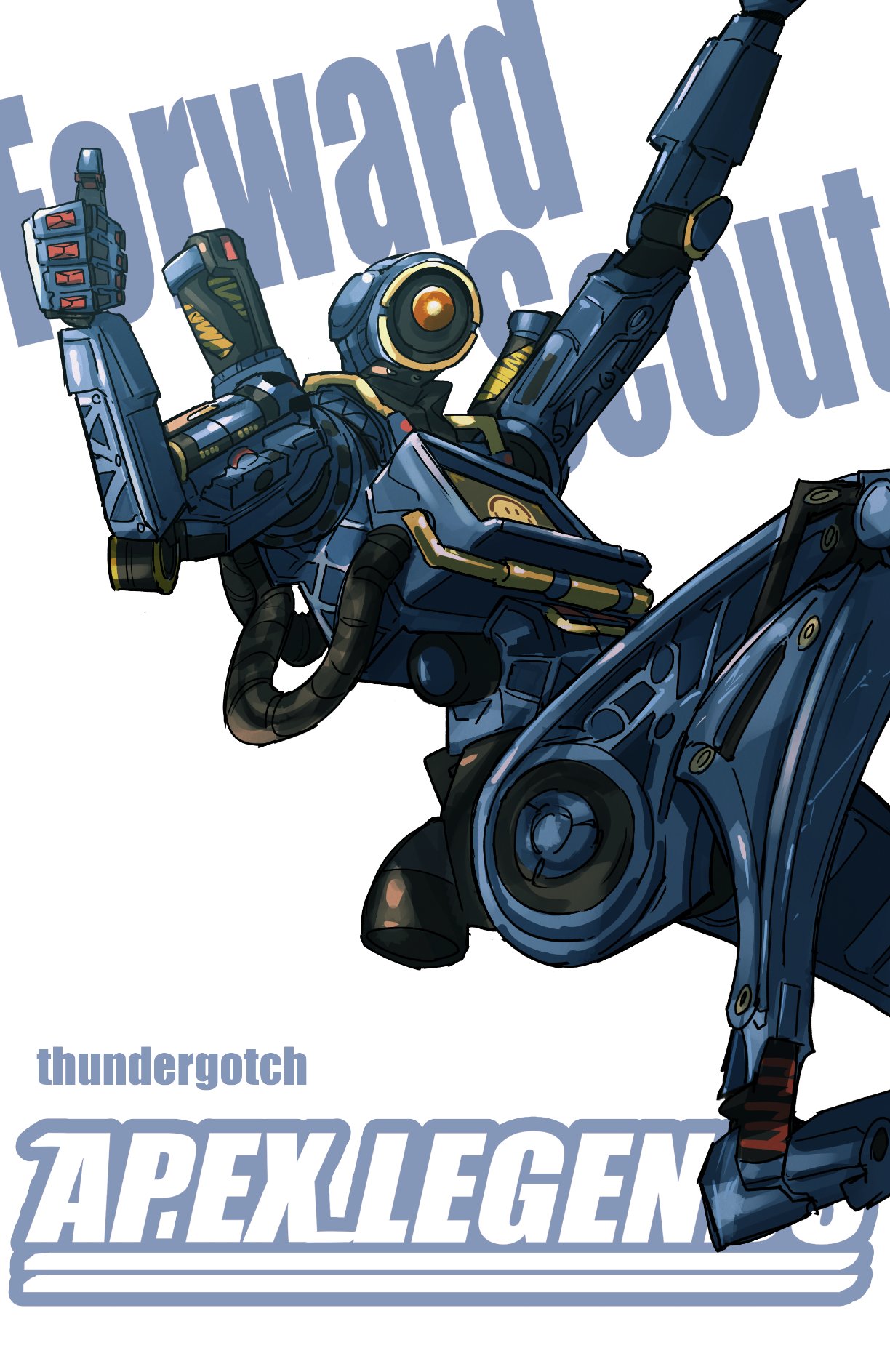 1boy apex_legends bleach copyright_name cover cover_page fake_cover highres humanoid_robot logo_parody manga_cover one-eyed orange_eyes pathfinder_(apex_legends) science_fiction solo thumbs_up thundergotch white_background