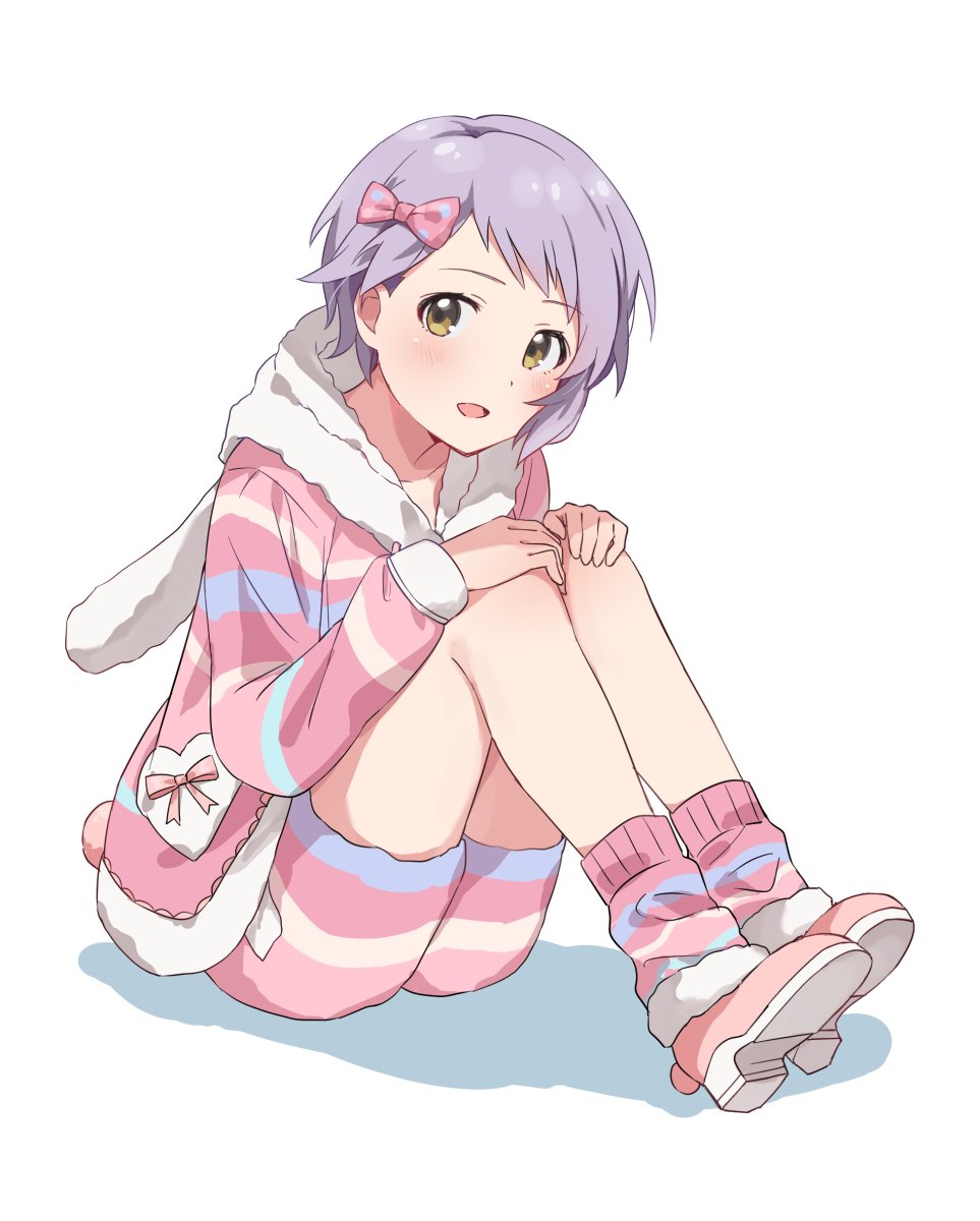 animal_hood bangs blush bow commentary_request dot_nose hair_bow hands_on_own_knees heart highres hood hooded_pajamas idolmaster idolmaster_million_live! knokzm legs long_sleeves looking_at_viewer makabe_mizuki pajamas parted_lips pink_bow pink_footwear pink_legwear pink_pajamas pink_ribbon purple_hair rabbit_hood rabbit_tail ribbon short_hair shorts sitting socks solo striped striped_legwear striped_pajamas tail white_background yellow_eyes