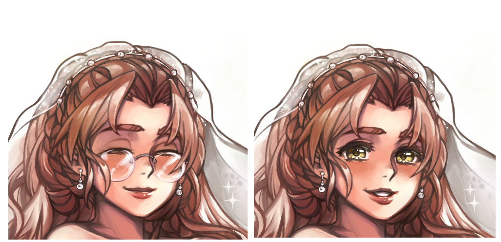 1girl ^_^ anoushka_russell bangs blush bridal_veil brown_eyes brown_hair closed_eyes collarbone commission earrings english_commentary glasses jewelry long_hair looking_at_viewer muvluv parted_bangs parted_lips portrait round_eyewear sakaki_chizuru smile veil