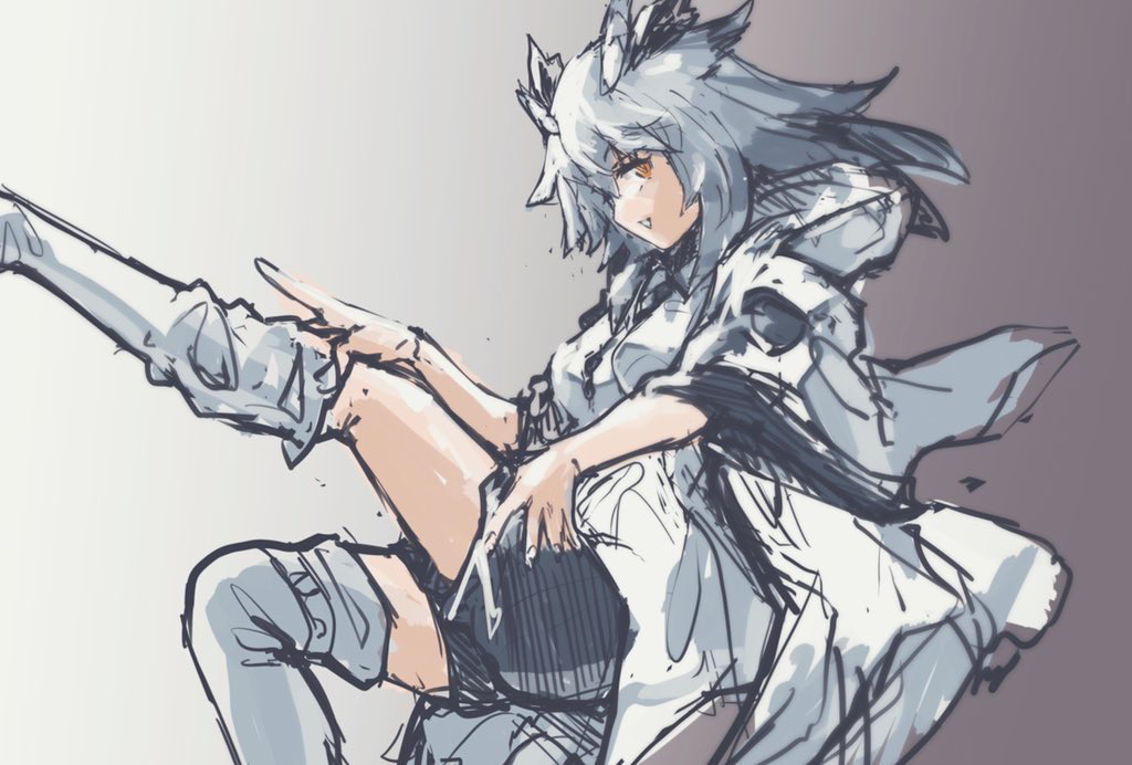 1girl arknights boots coat feet_out_of_frame from_side grey_hair hair_wings hood looking_at_viewer milleyoshio orange_eyes ptilopsis_(arknights) shorts sketch smile solo thigh-highs thigh_boots triangle_mouth