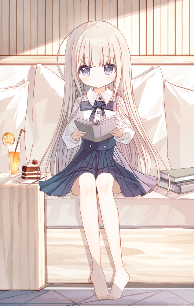 1girl bangs barefoot bendy_straw blue_bow blue_eyes blue_skirt book book_stack bow cake cake_slice collared_shirt cup dress_shirt drink drinking_glass drinking_straw eyebrows_visible_through_hair food full_body holding holding_book light_brown_hair long_hair looking_at_viewer open_book original pillow pleated_skirt shirt sitting skirt solo very_long_hair white_shirt yuuhagi_(amaretto-no-natsu)