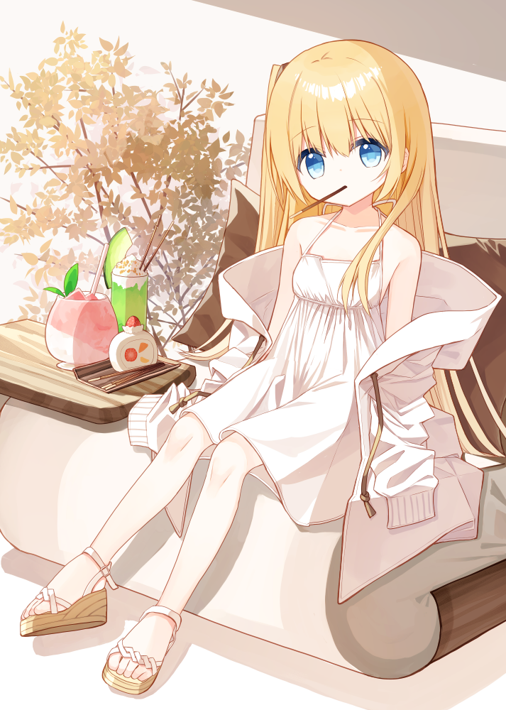 1girl bangs bare_shoulders blonde_hair blue_eyes brown_footwear collarbone dress eyebrows_visible_through_hair flower_girl_(yuuhagi_(amaretto-no-natsu)) food food_in_mouth hair_between_eyes jacket long_hair long_sleeves looking_at_viewer off_shoulder open_clothes open_jacket original pocky sandals sitting sleeveless sleeveless_dress sleeves_past_fingers sleeves_past_wrists solo very_long_hair white_dress white_jacket yuuhagi_(amaretto-no-natsu)