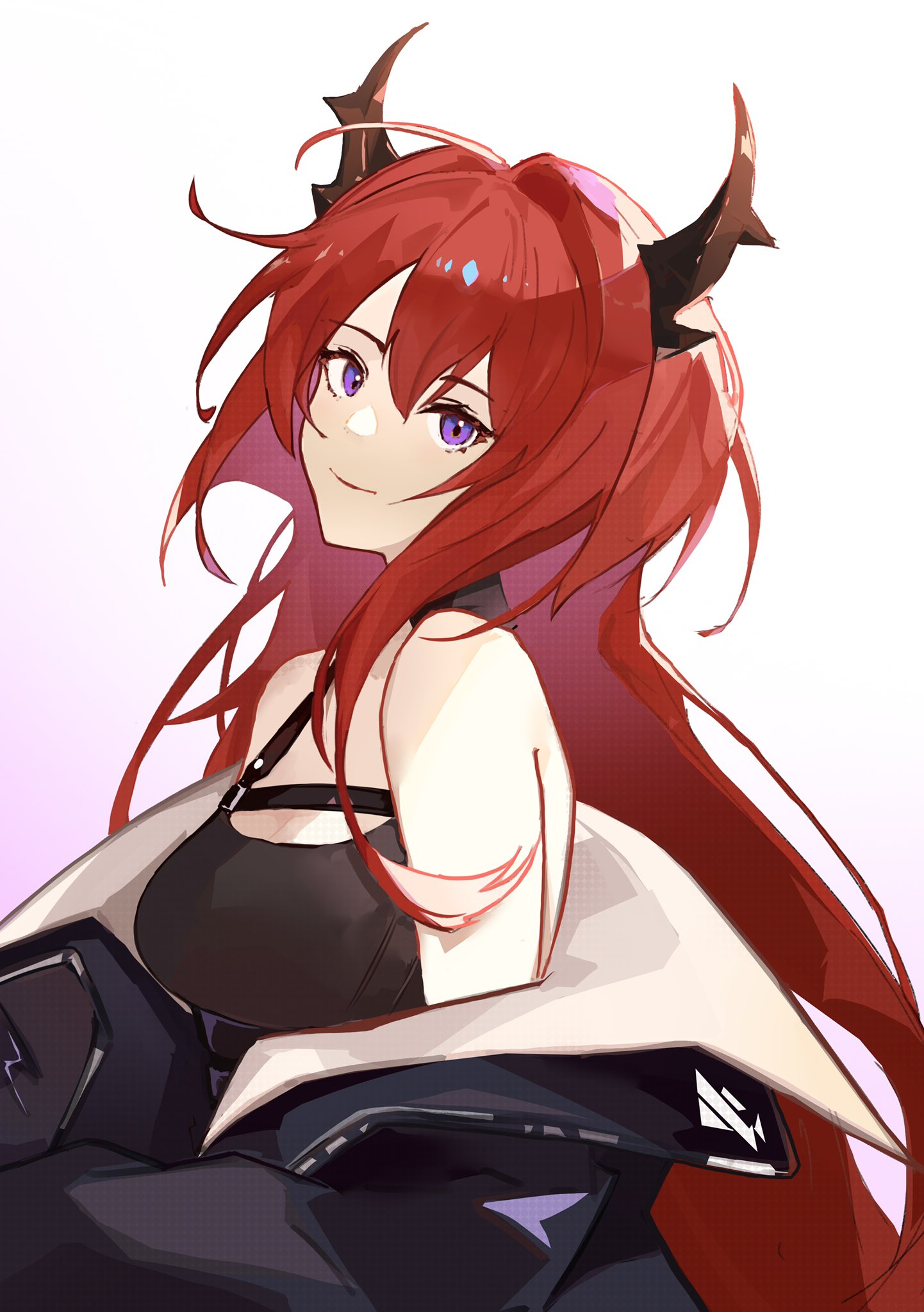 1girl arknights bangs bare_shoulders black_dress black_jacket breasts dress genieko gradient gradient_background hair_between_eyes hair_intakes highres horns jacket large_breasts long_hair looking_at_viewer off_shoulder pink_background redhead smile solo surtr_(arknights) upper_body very_long_hair violet_eyes white_background