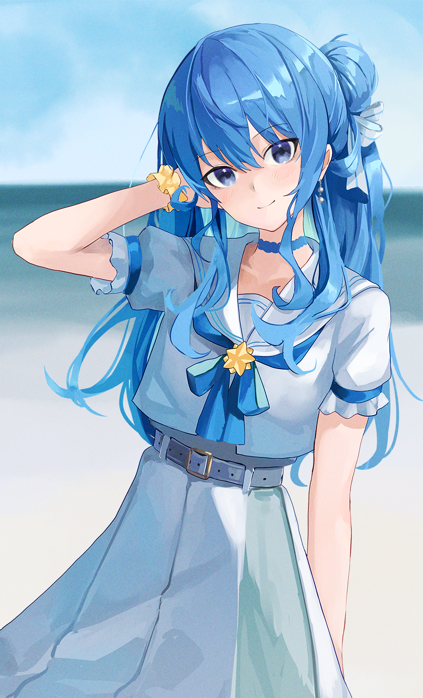 1girl arm_behind_head ascot belt blue_eyes blue_hair choker dress earrings hair_bun hair_ribbon highres hololive hoshimachi_suisei jewelry long_hair looking_at_viewer nixin404 ribbon sailor_collar sailor_dress school_uniform scrunchie serafuku smile solo star_(symbol) star_in_eye symbol_in_eye virtual_youtuber wrist_scrunchie