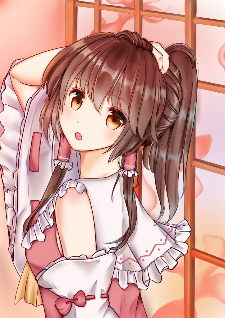 1girl adjusting_hair ascot blush breasts brown_eyes brown_hair collared_shirt detached_sleeves frilled_hair_tubes frills hair_tubes hakurei_reimu indoors long_sleeves looking_at_viewer looking_back medium_hair neko_bocchi no_headwear open_mouth ponytail red_skirt ribbon-trimmed_sleeves ribbon_trim shirt sidelocks skirt small_breasts solo touhou upper_body white_sleeves wide_sleeves yellow_ascot